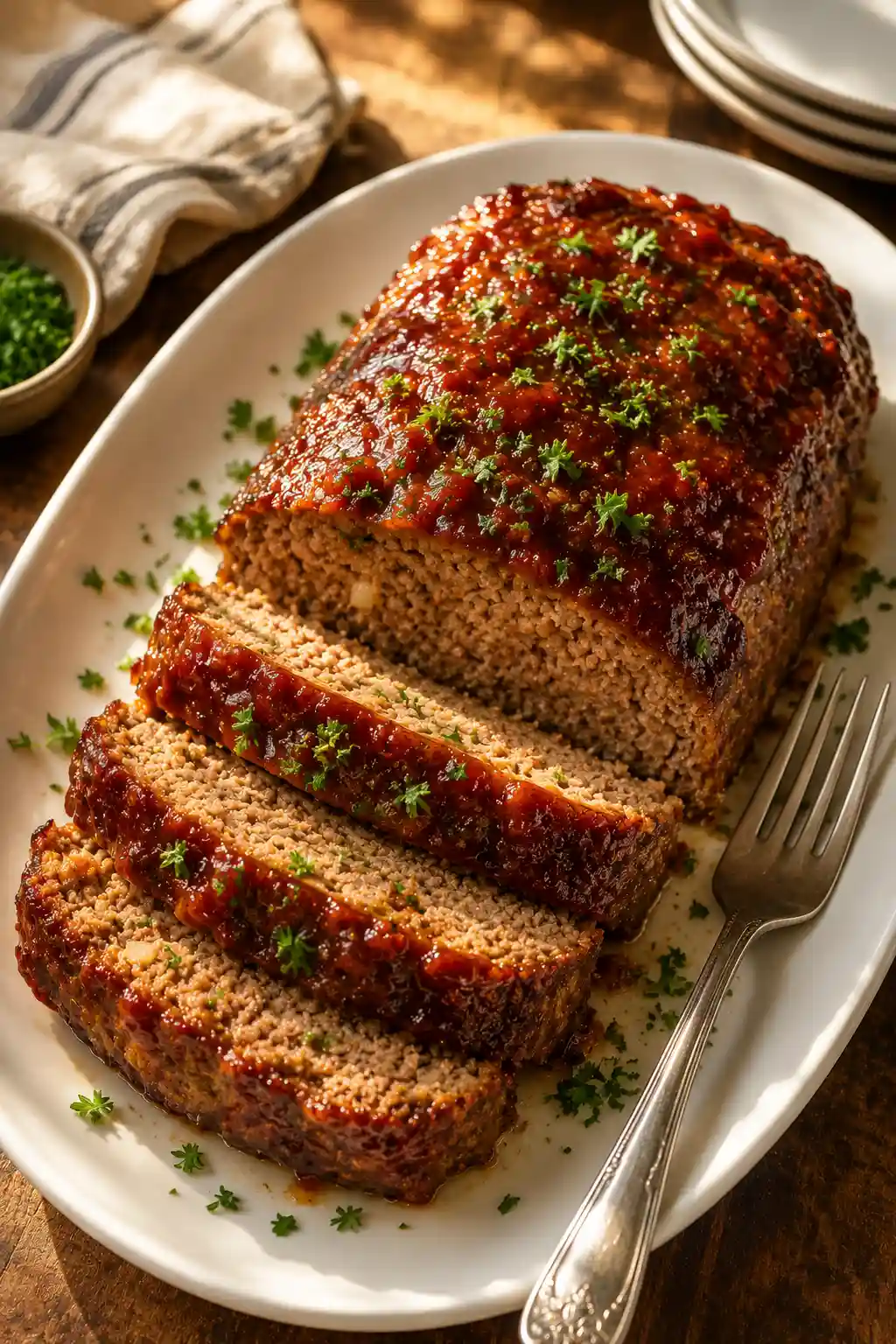 Sliced meatloaf served on a white platter with caramelized glaze and fresh parsley garnish