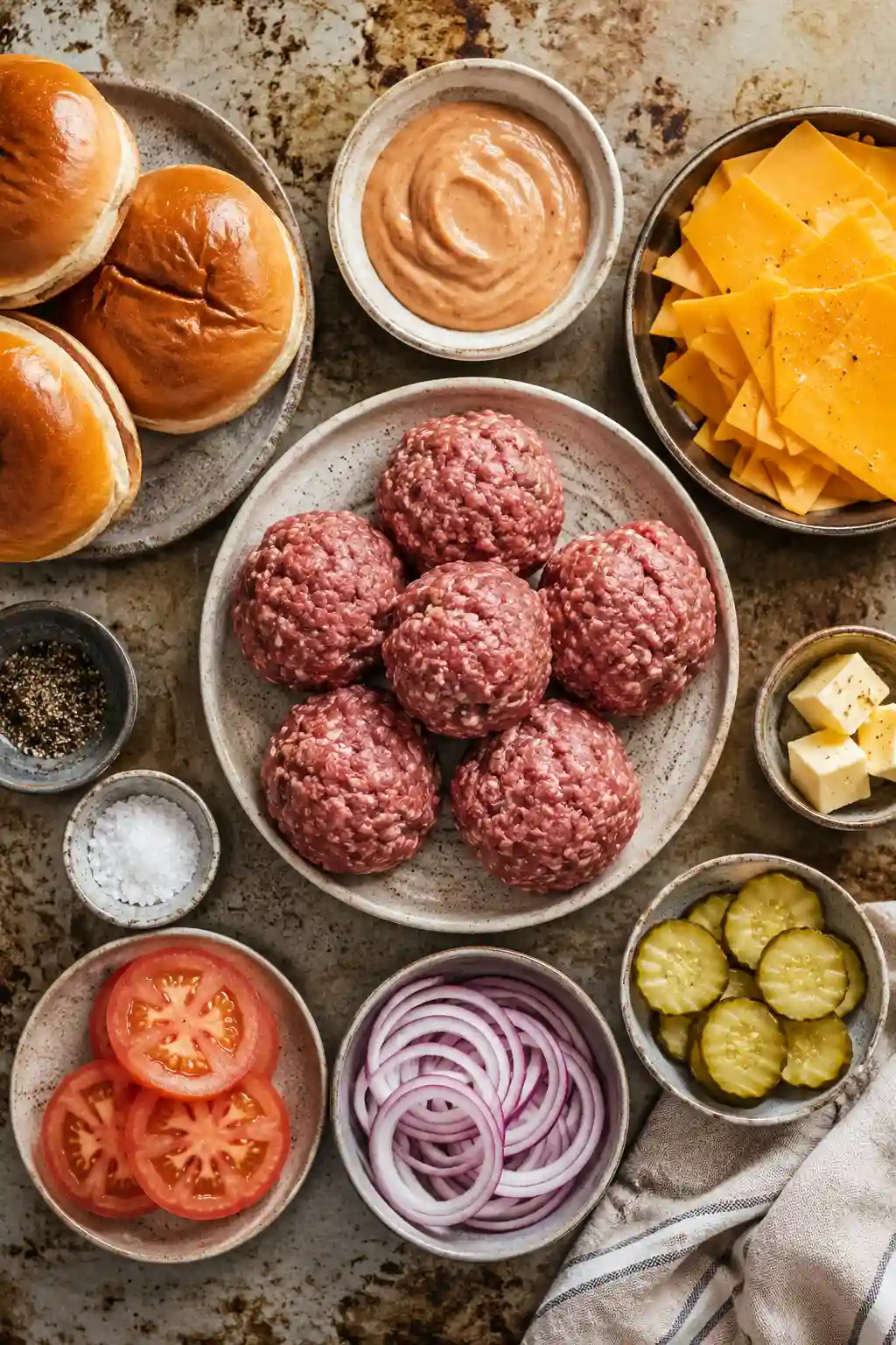 Overhead flat lay of smash burger ingredients including ground beef balls, cheddar cheese, burger sauce, and fresh toppings
