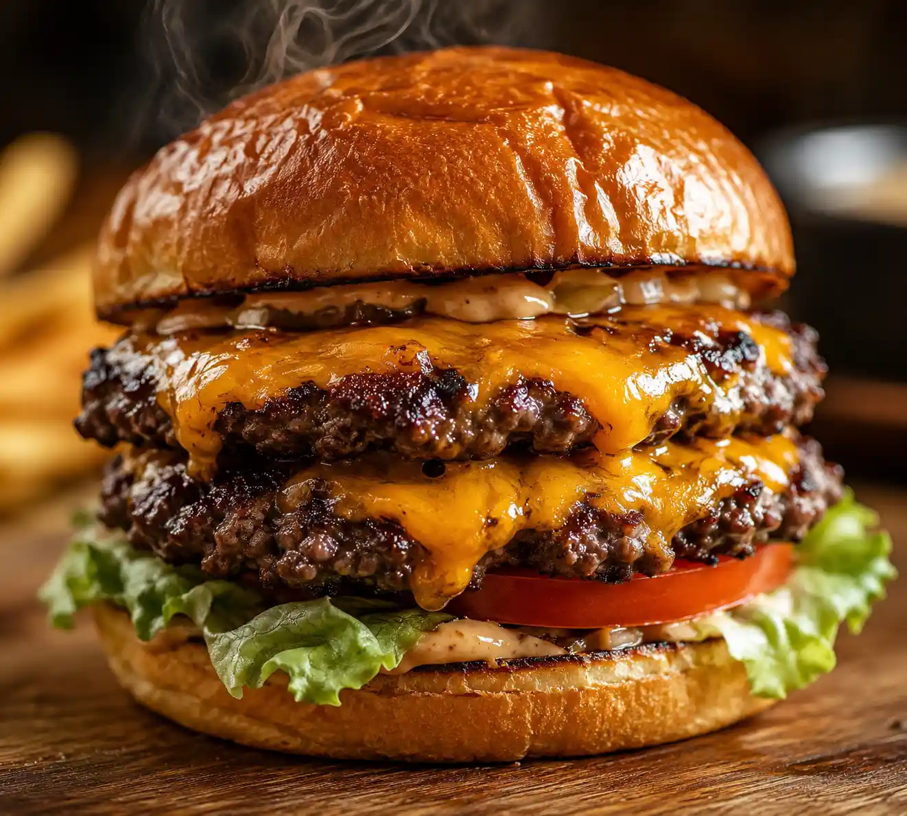 Double patty smash burger recipe with melted cheddar cheese, lettuce, and tomato on a toasted brioche bun