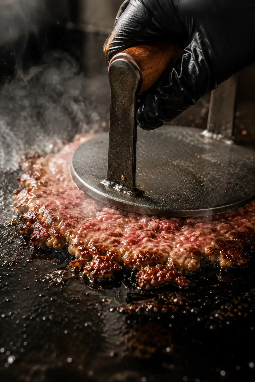 Burger press smashing a ball of ground beef flat on a hot cast iron griddle with crispy browned edges