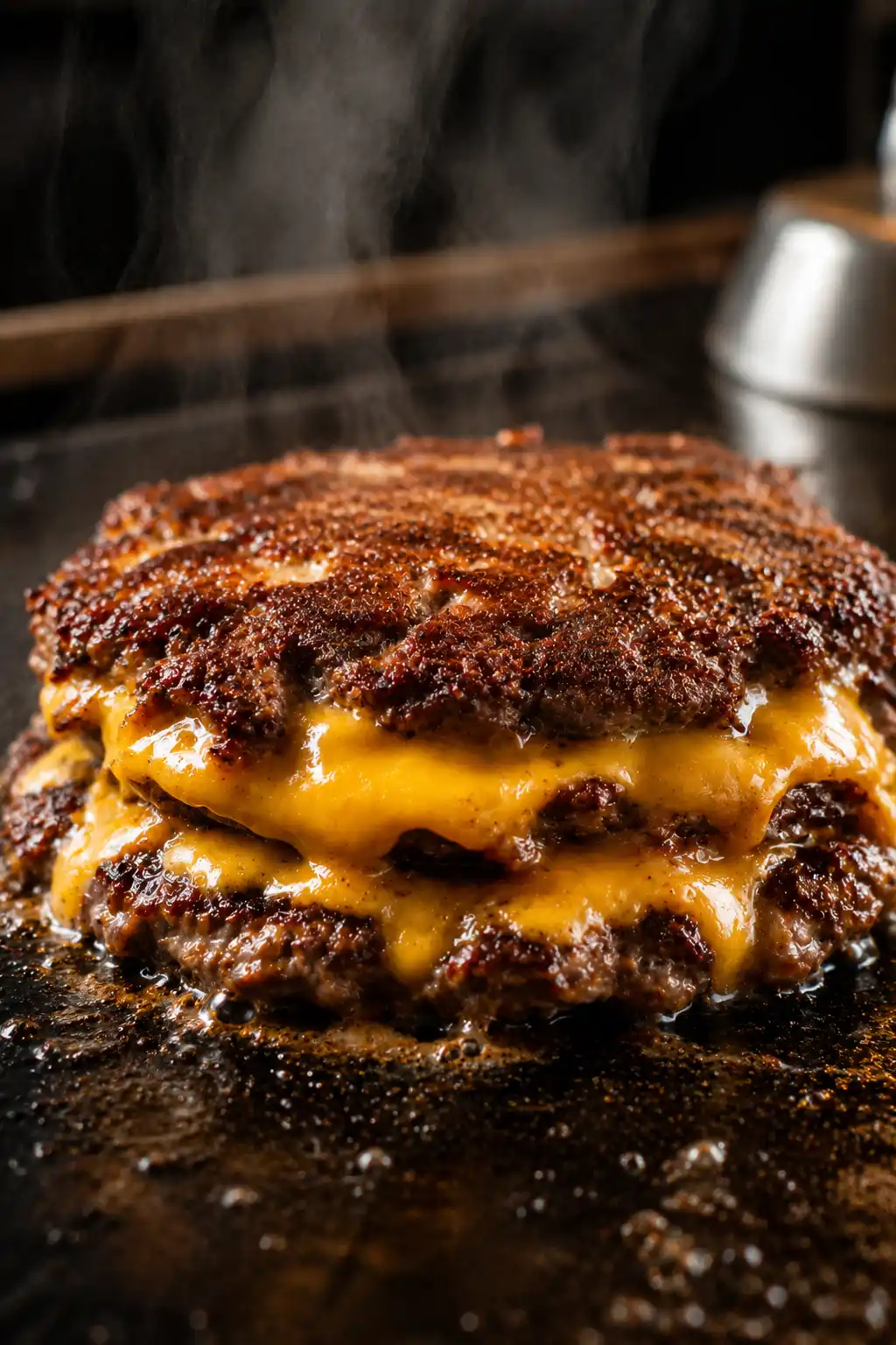 Two smash burger patties stacked together on a griddle with melted cheddar cheese oozing between them