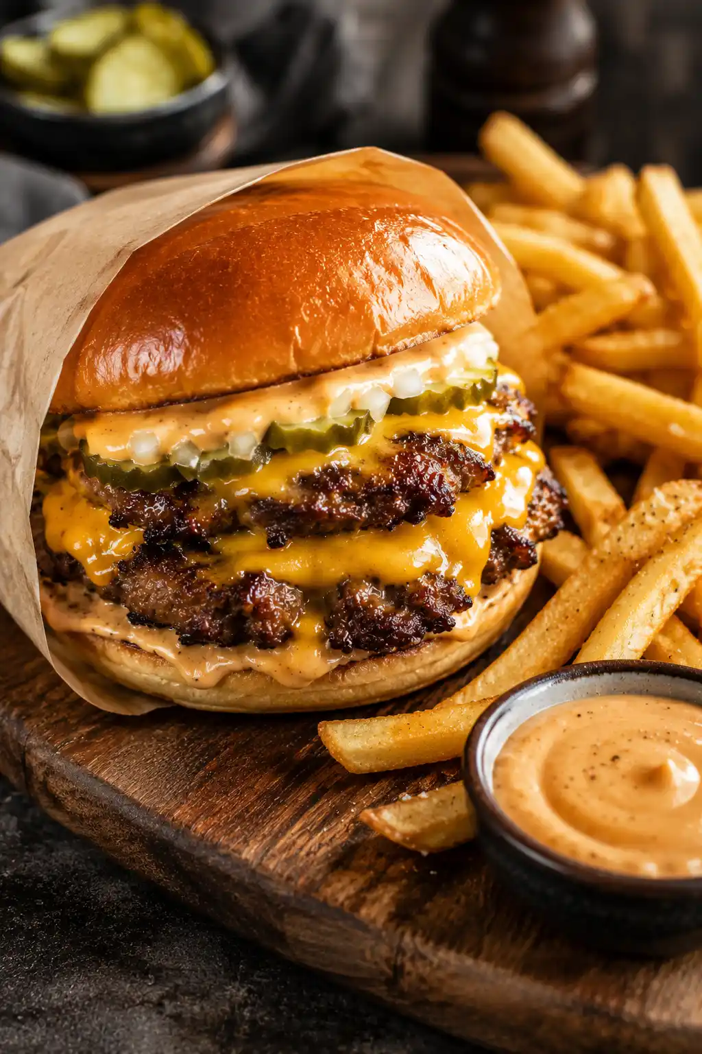 Finished smash burger wrapped in parchment paper served with crispy golden fries and burger sauce
