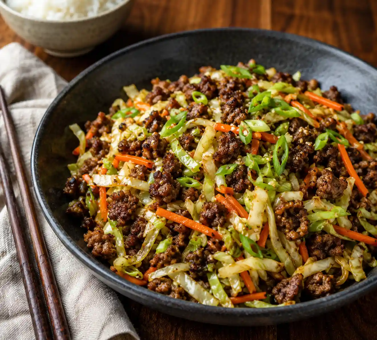 Savory Crispy Beef and Cabbage Stir Fry with browned ground beef, tender cabbage, carrots, green onions, and sesame seeds