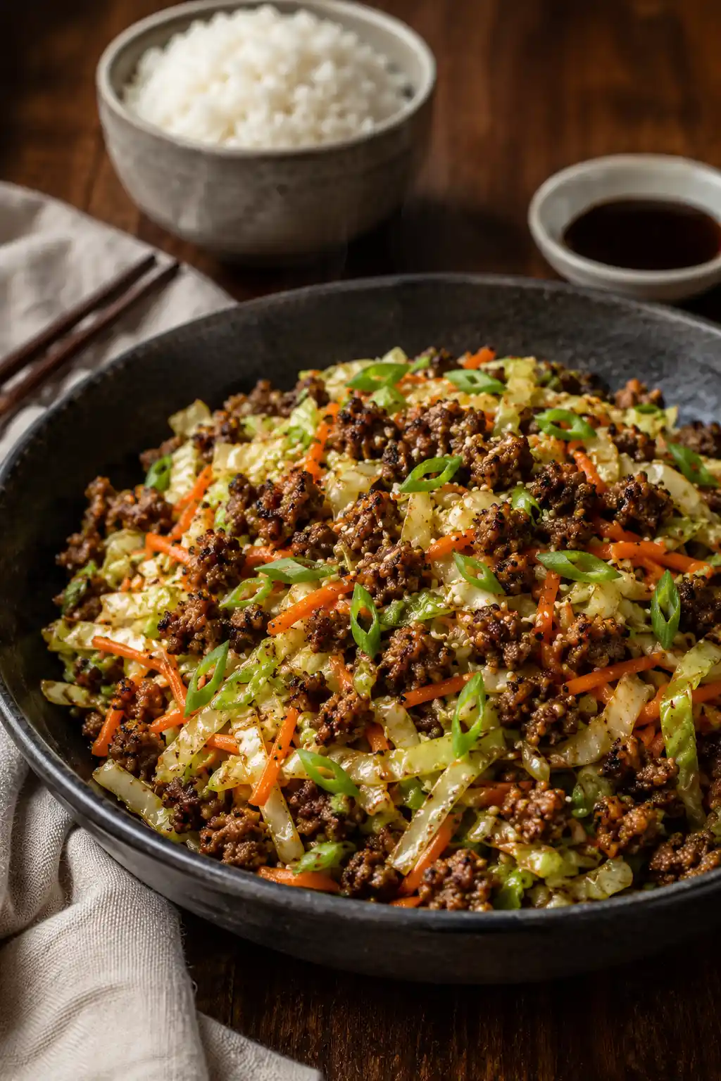 Homemade beef and cabbage stir fry with savory ground beef, sautéed cabbage, carrots, and fresh sliced green onions