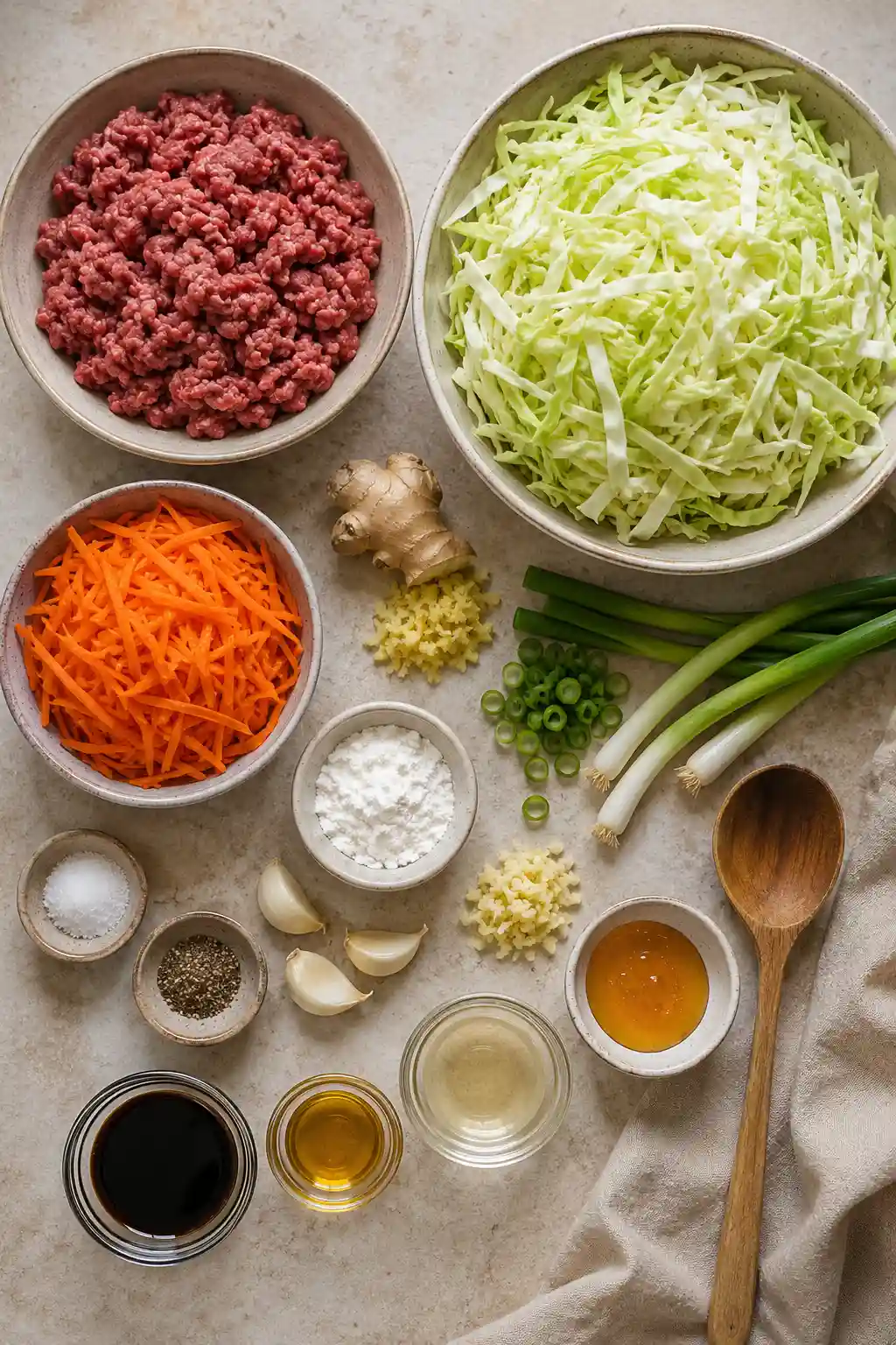 Ingredients for beef and cabbage stir fry including ground beef, shredded cabbage, carrots, green onions, garlic, ginger, and sauce ingredients