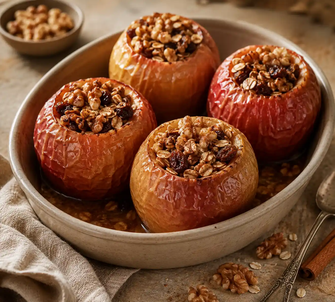 Four warm baked apples filled with rolled oats, walnuts, raisins, and cinnamon in a ceramic baking dish. No-Sugar-Added Baked Apples