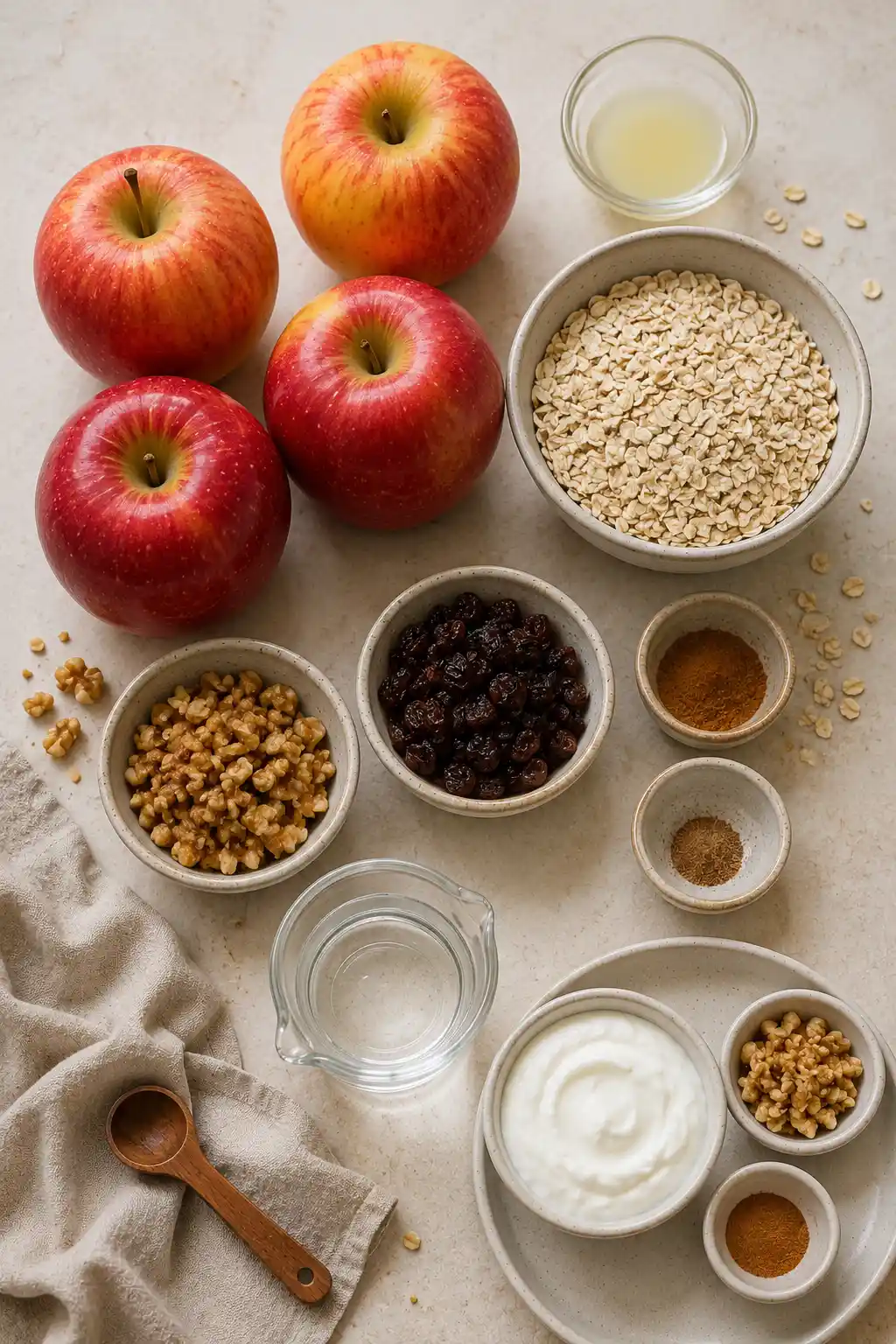 Ingredients for baked apples arranged on a light kitchen surface, including fresh apples, rolled oats, walnuts, raisins, yogurt, cinnamon, and other seasonings.