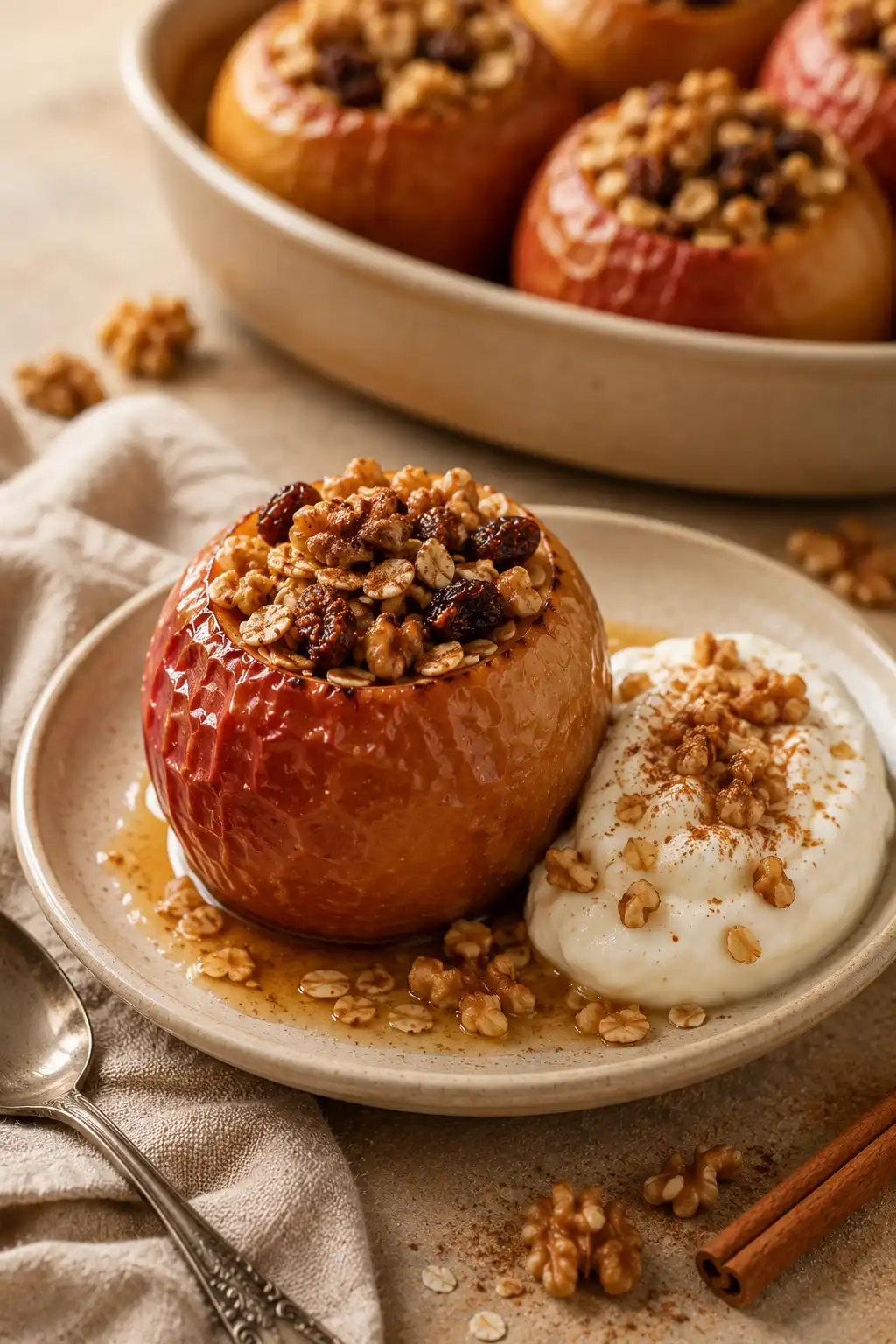 Warm stuffed baked apple filled with oats, walnuts, raisins, and cinnamon, served with creamy yogurt and a light syrup drizzle.