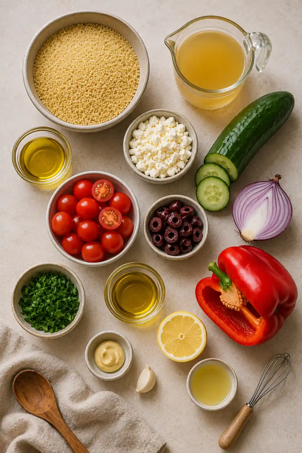 Ingredients for Mediterranean couscous salad including couscous, cucumber, cherry tomatoes, red bell pepper, red onion, olives, feta cheese, parsley, lemon, and olive oil.