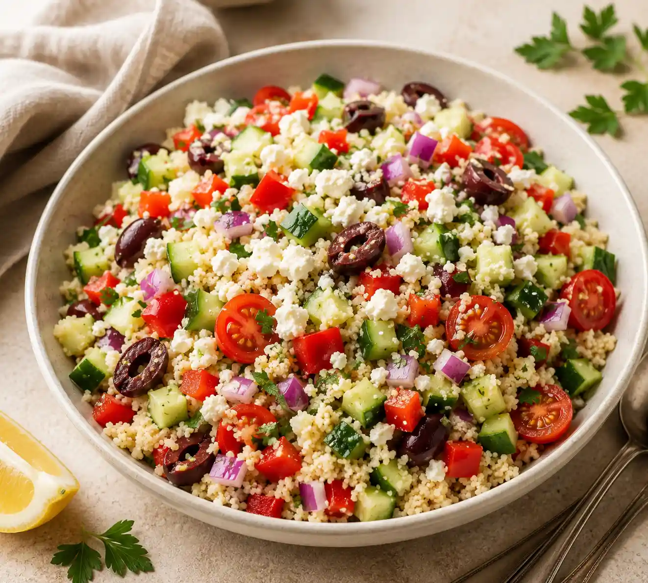 Colorful Mediterranean Couscous Lunch Bowl with cucumber, cherry tomatoes, red bell pepper, red onion, olives, feta cheese, and fresh parsley.
