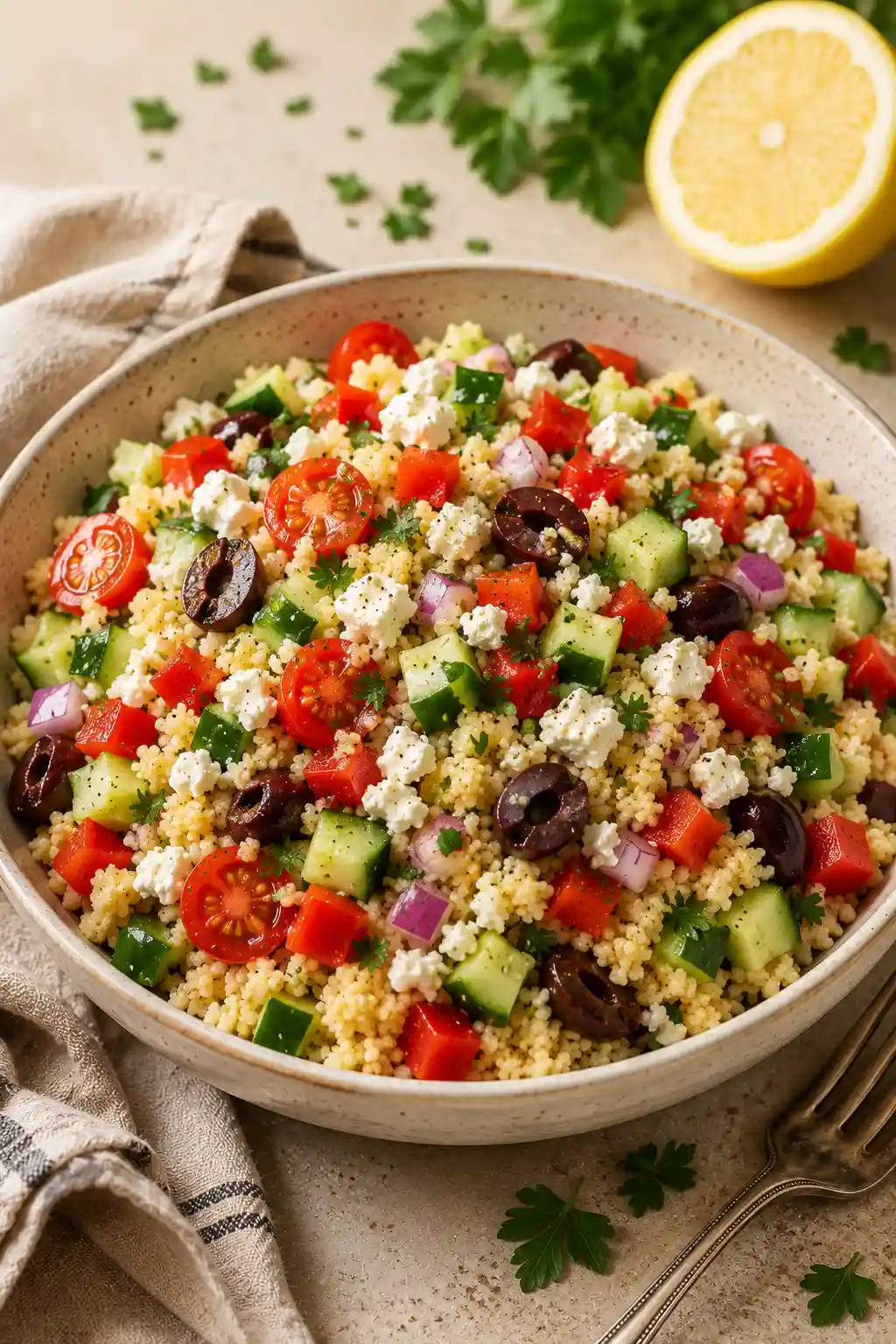 Fresh Mediterranean couscous salad served with crumbled feta, cucumber, tomatoes, red bell pepper, red onion, Kalamata olives, and parsley.