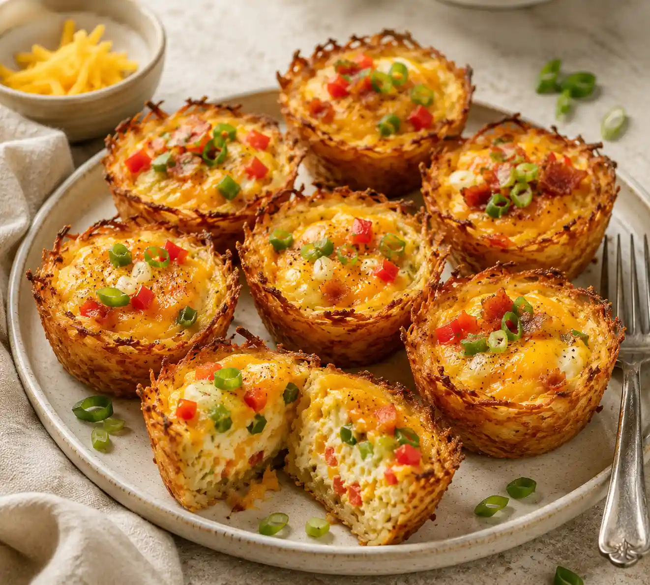 Golden Crispy Hash Brown Breakfast Cups filled with baked eggs, melted cheese, bacon, colorful bell peppers, and green onions served on a ceramic plate.