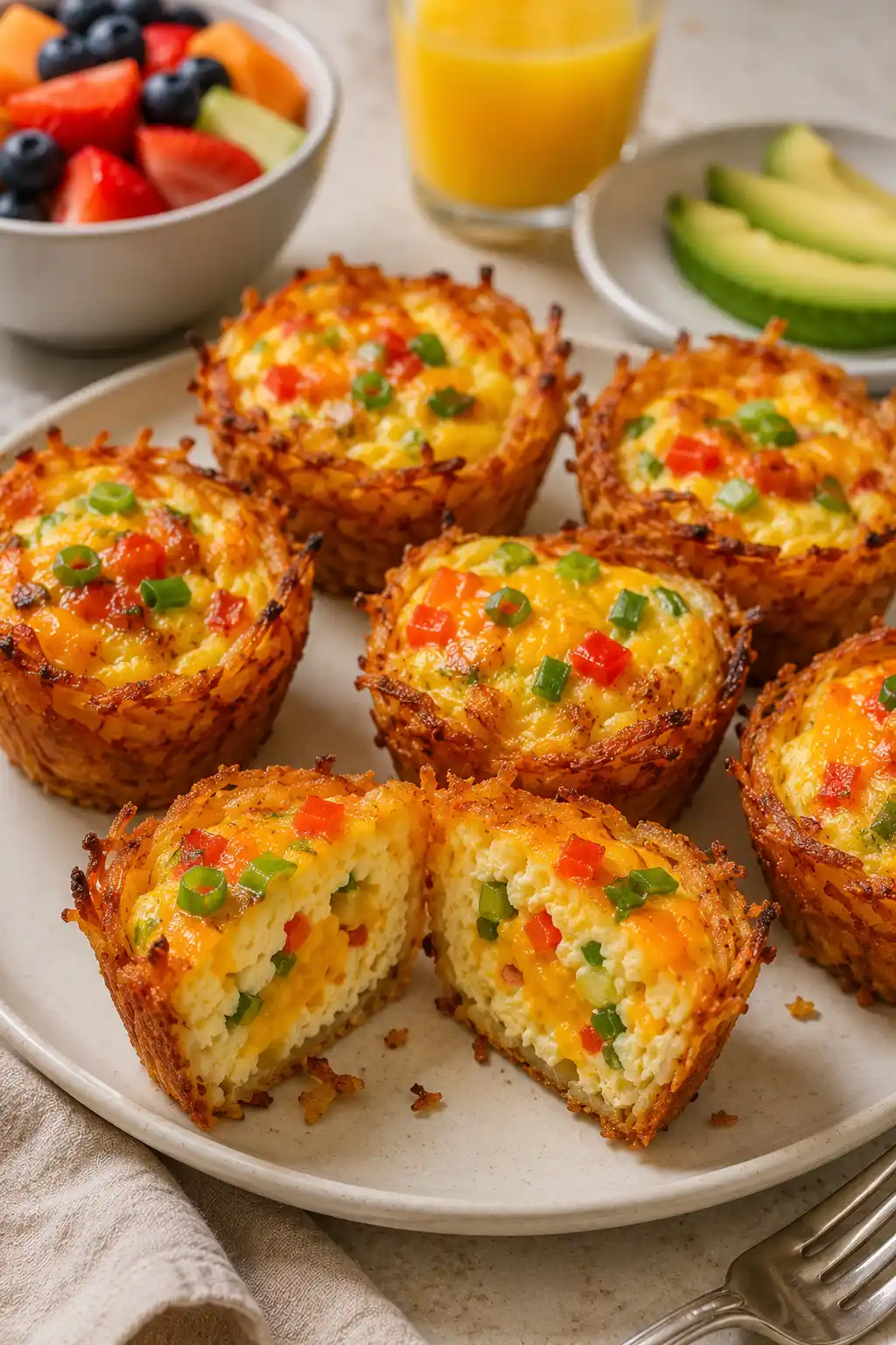 Crispy homemade hash brown egg cups filled with fluffy eggs, melted cheddar cheese, bell peppers, and green onions served with fresh fruit, avocado, and orange juice.