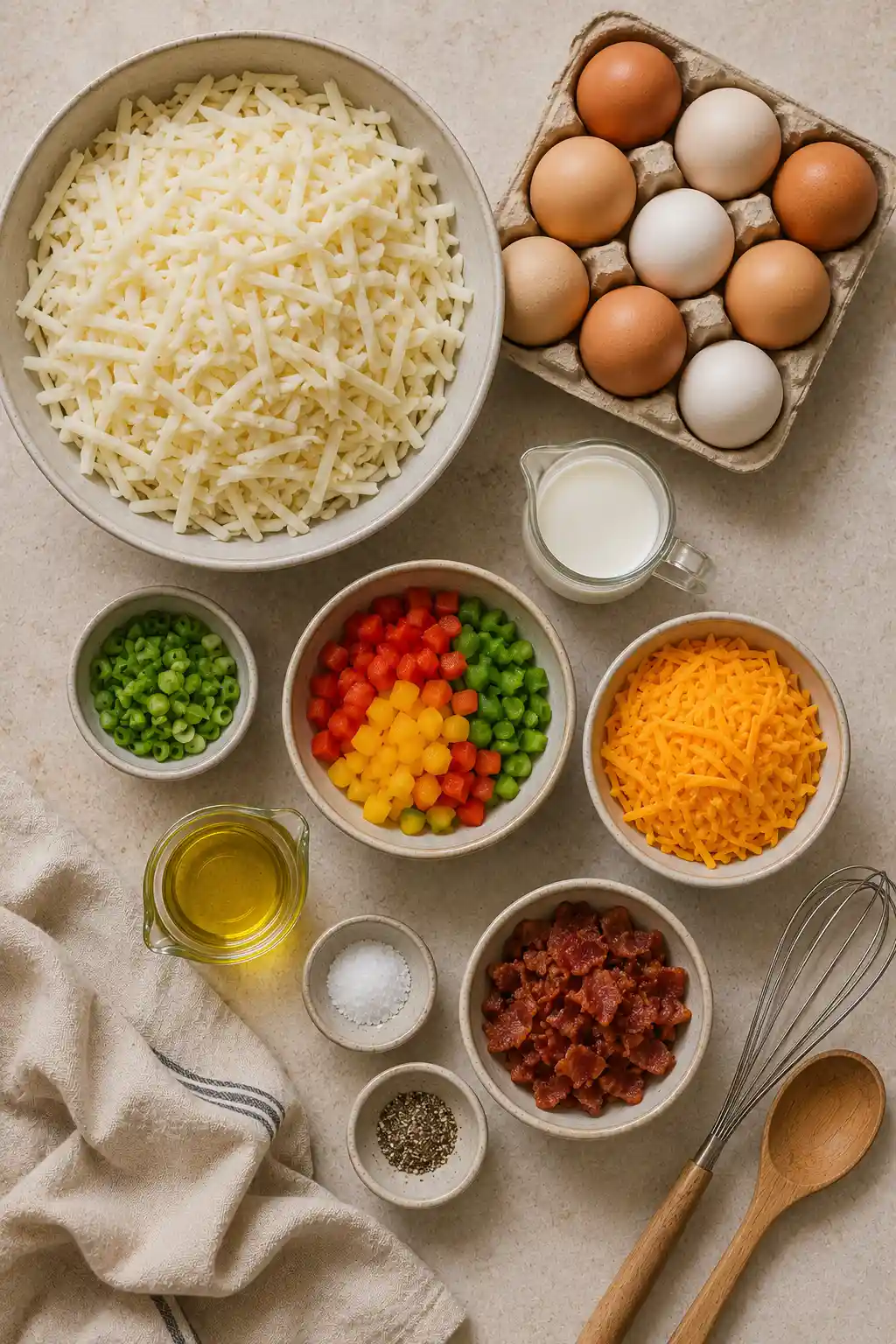 Ingredients for hash brown egg cups including eggs, shredded potatoes, cheddar cheese, mozzarella cheese, bacon, bell peppers, green onions, milk, olive oil, salt, and black pepper.