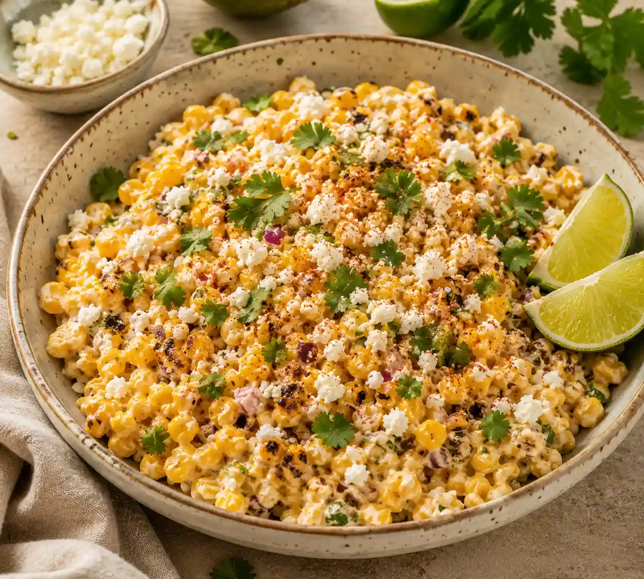 Mexican Street Corn Bowl Recipe salad made with charred sweet corn, cotija cheese, red onion, jalapeño, fresh cilantro, lime juice, and chili seasoning.