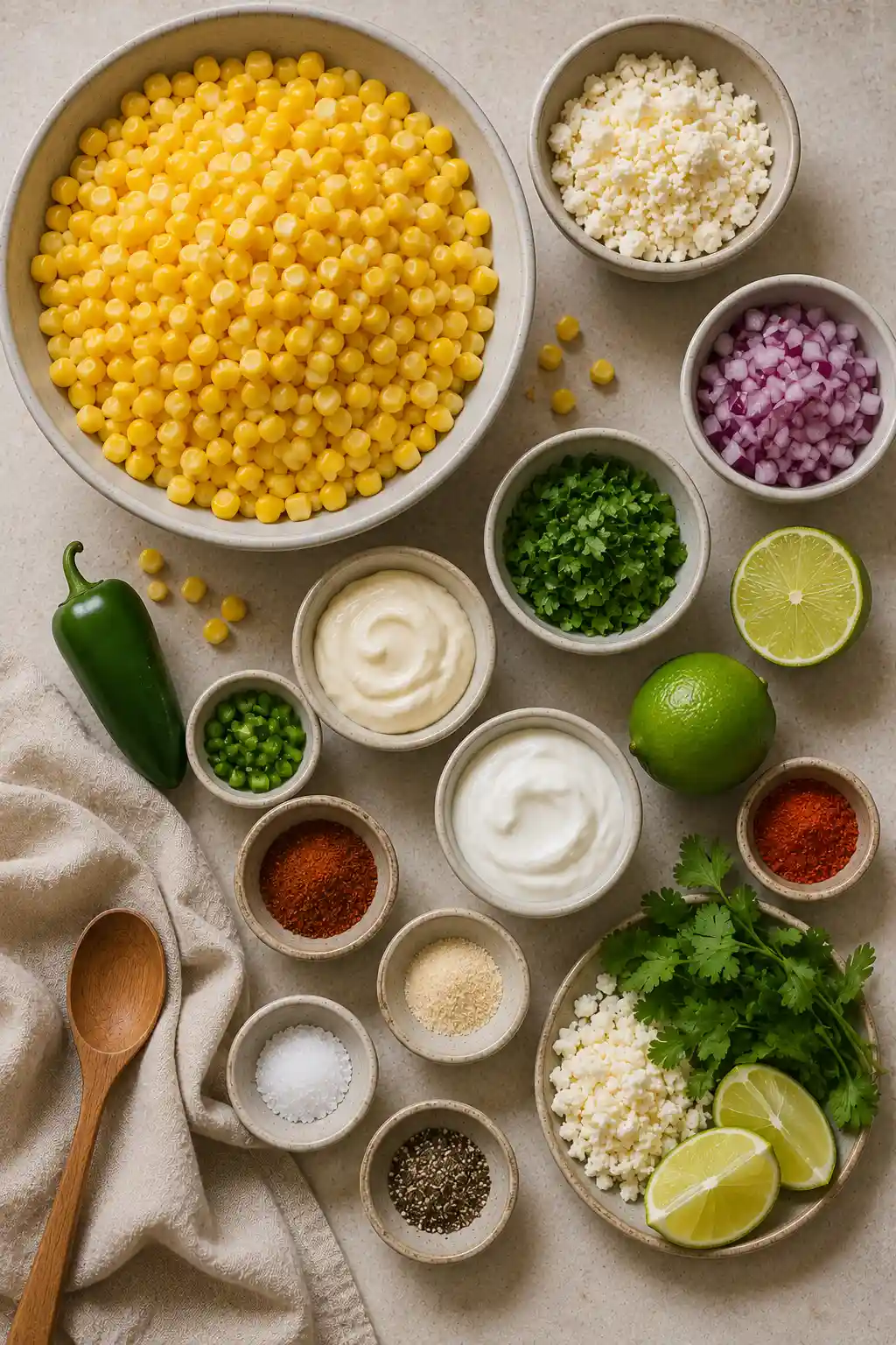 Ingredients for Mexican street corn salad including sweet corn, cotija cheese, red onion, jalapeño, cilantro, lime, mayonnaise, sour cream, and seasonings.