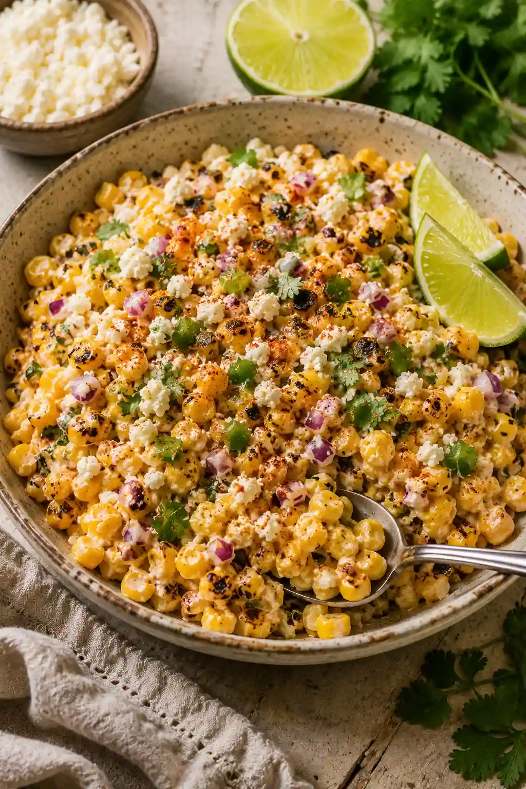 Homemade Mexican street corn salad with creamy charred corn, crumbled cotija cheese, red onion, fresh cilantro, chili seasoning, and lime wedges.