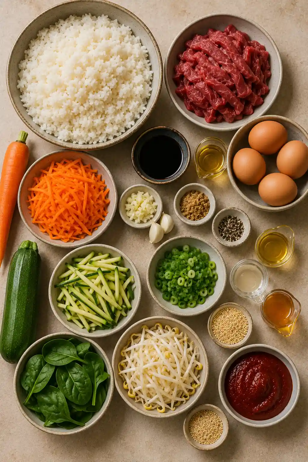 Ingredients for Korean Bibimbap including short-grain rice, sliced beef, eggs, carrots, zucchini, spinach, bean sprouts, green onions, gochujang sauce, sesame oil, and sesame seeds.