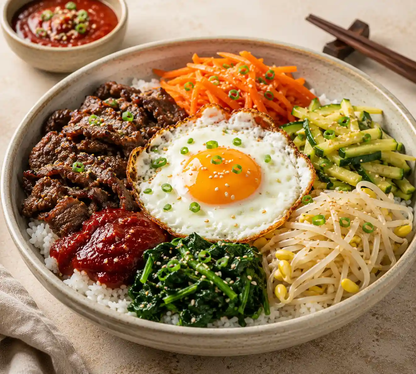 Korean Bibimbap Recipe bowl with warm rice, marinated beef, carrots, spinach, zucchini, bean sprouts, spicy gochujang sauce, and a sunny-side-up egg.