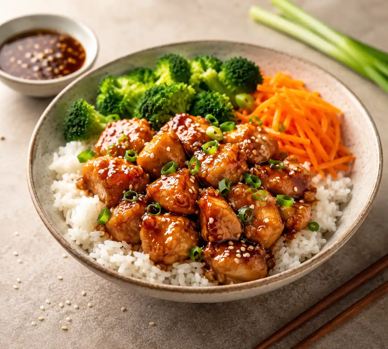 Honey Garlic Chicken Rice Bowl featuring tender glazed chicken pieces over fluffy white rice with steamed broccoli, shredded carrots, sliced green onions, sesame seeds, and extra honey garlic sauce on the side.