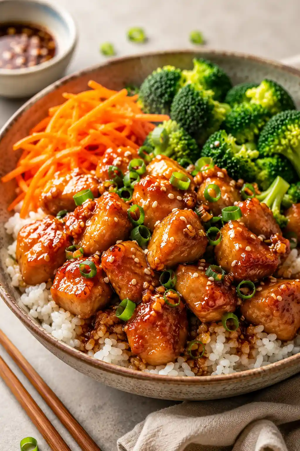 Honey Garlic Chicken Rice Bowl served with fluffy white rice, glossy honey garlic chicken pieces, fresh shredded carrots, green broccoli florets, sliced green onions, and sesame seeds in a ceramic bowl.