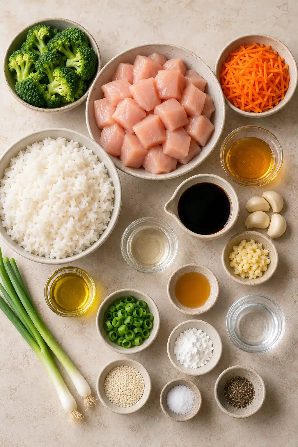 Honey Garlic Chicken Rice Bowl ingredients arranged in an overhead layout with raw chicken pieces, cooked white rice, broccoli florets, shredded carrots, green onions, garlic, sesame seeds, soy sauce, honey, oil, cornstarch, salt, and black pepper.