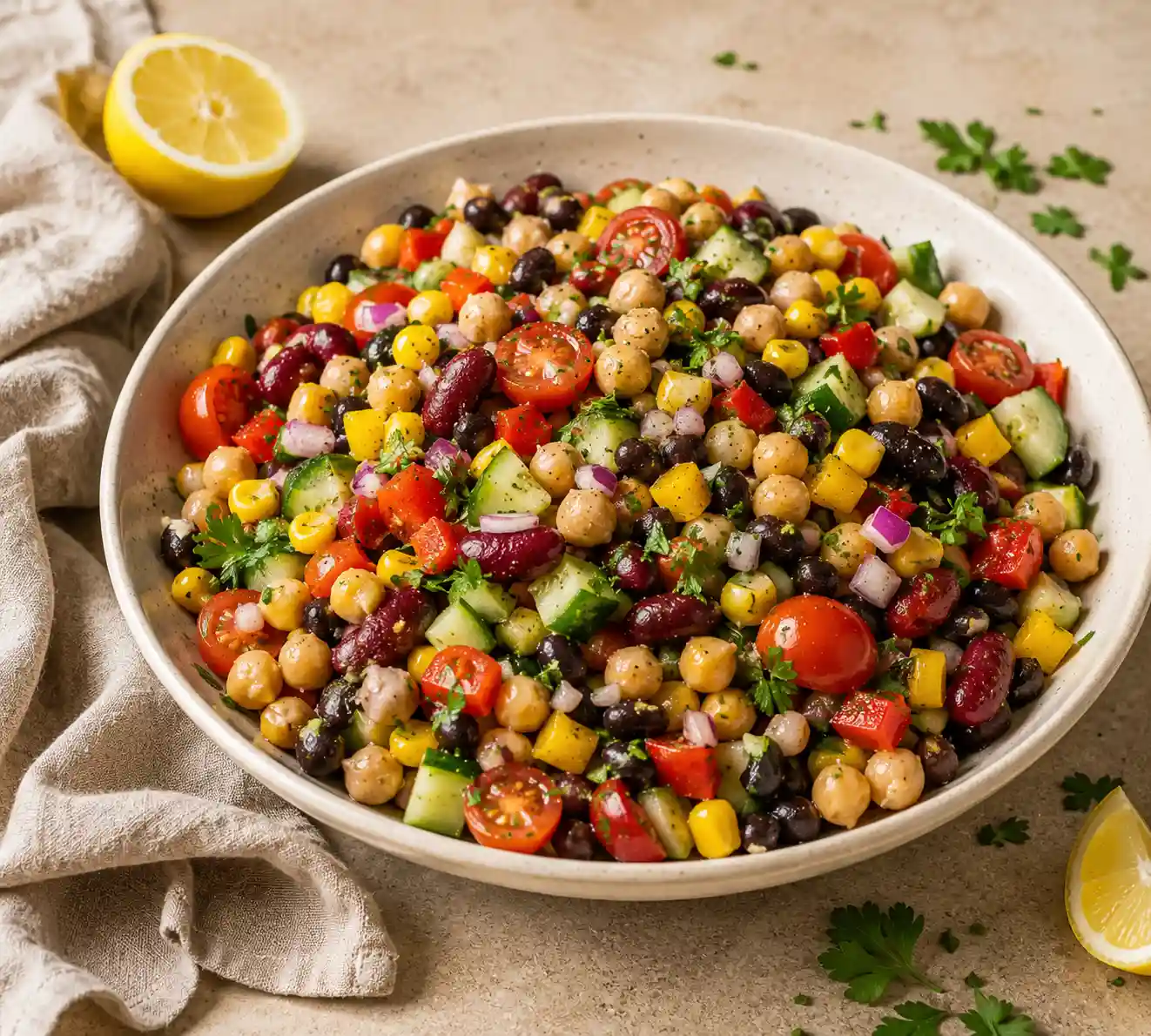 Dense Bean Salad featuring a colorful mix of chickpeas, kidney beans, black beans, corn, cucumber, cherry tomatoes, bell peppers, red onion, and fresh parsley coated in a flavorful homemade dressing.