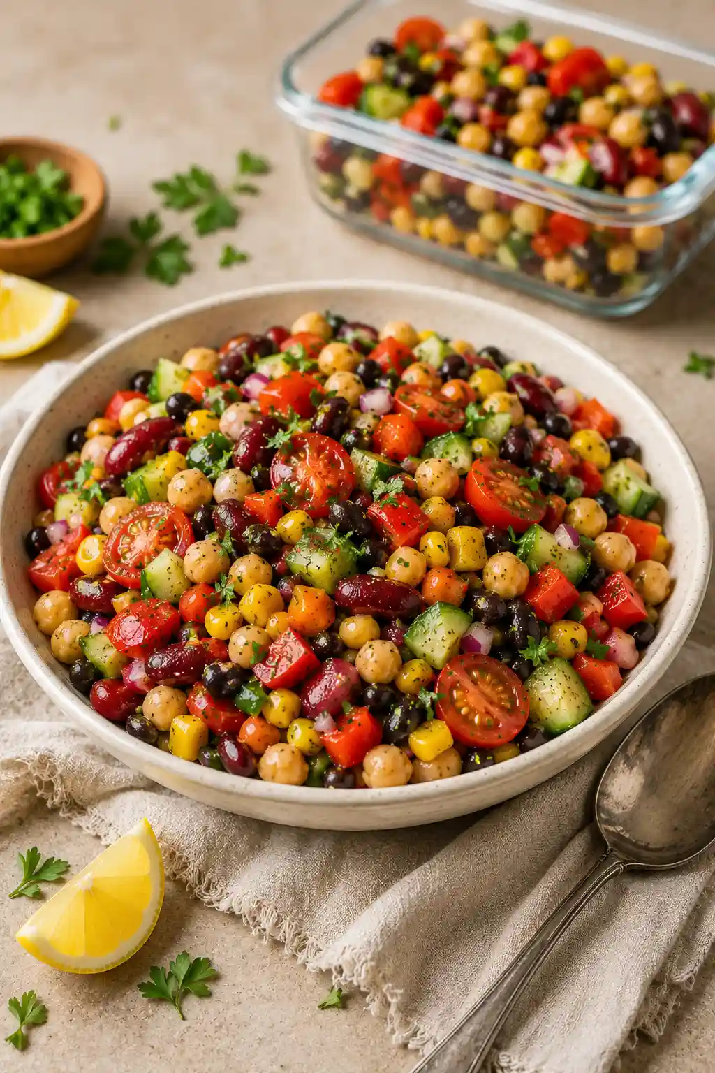 Dense Bean Salad served with chickpeas, kidney beans, black beans, sweet corn, juicy cherry tomatoes, crisp cucumber, colorful bell peppers, red onion, and fresh herbs tossed in a light lemon dressing.