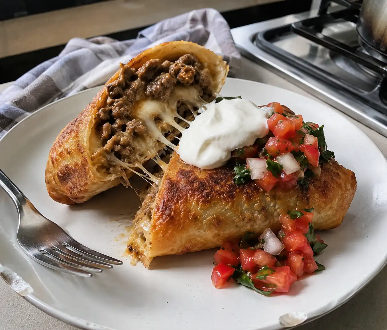 Crispy beef and cheese chimichanga sliced in half showing melted cheese and beef filling