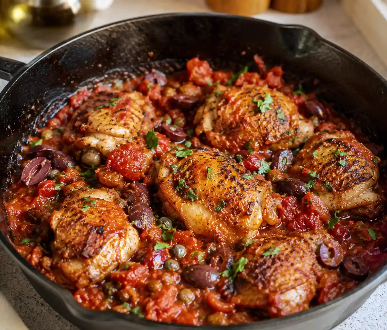 Chicken puttanesca in a skillet with bone in chicken thighs, olives, capers, and basil