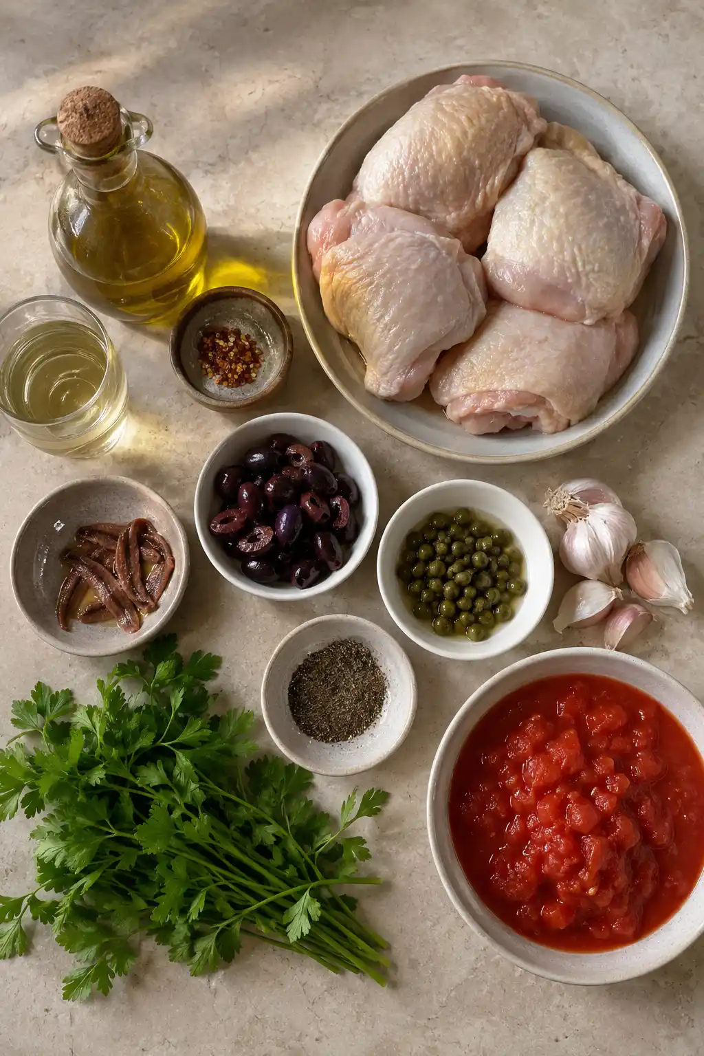 Ingredients for chicken puttanesca including chicken thighs, tomatoes, olives, and capers