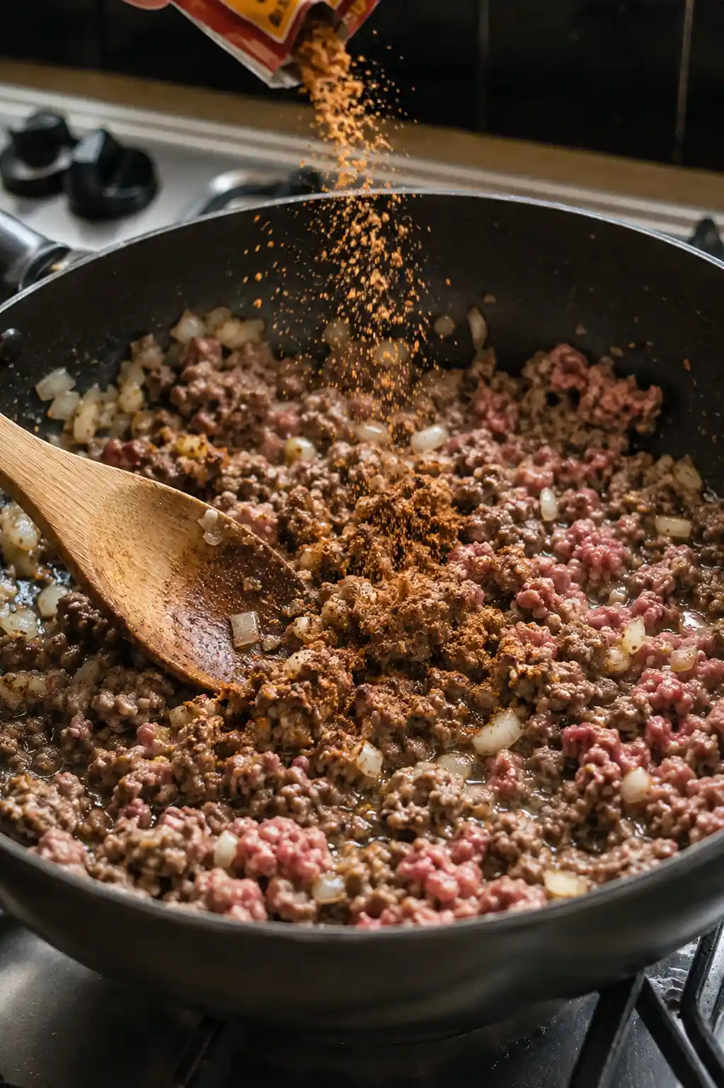 Ground beef and onion browning in a skillet with taco seasoning stirred in