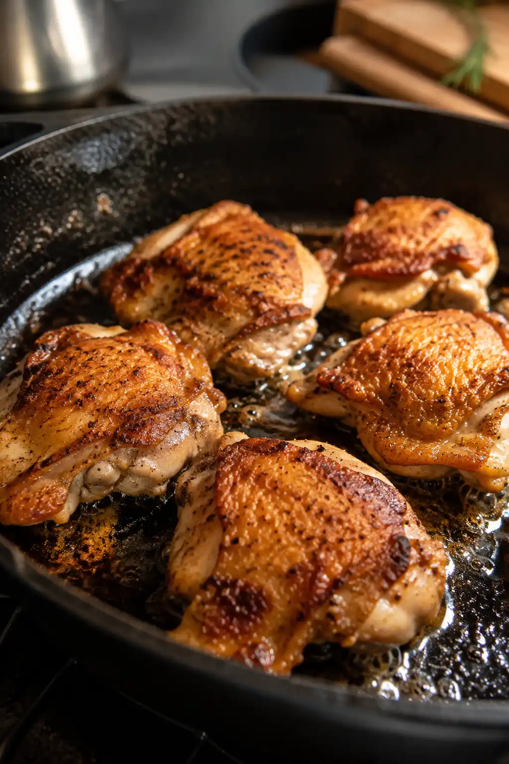 Chicken thighs searing skin side down in a skillet with crispy golden skin