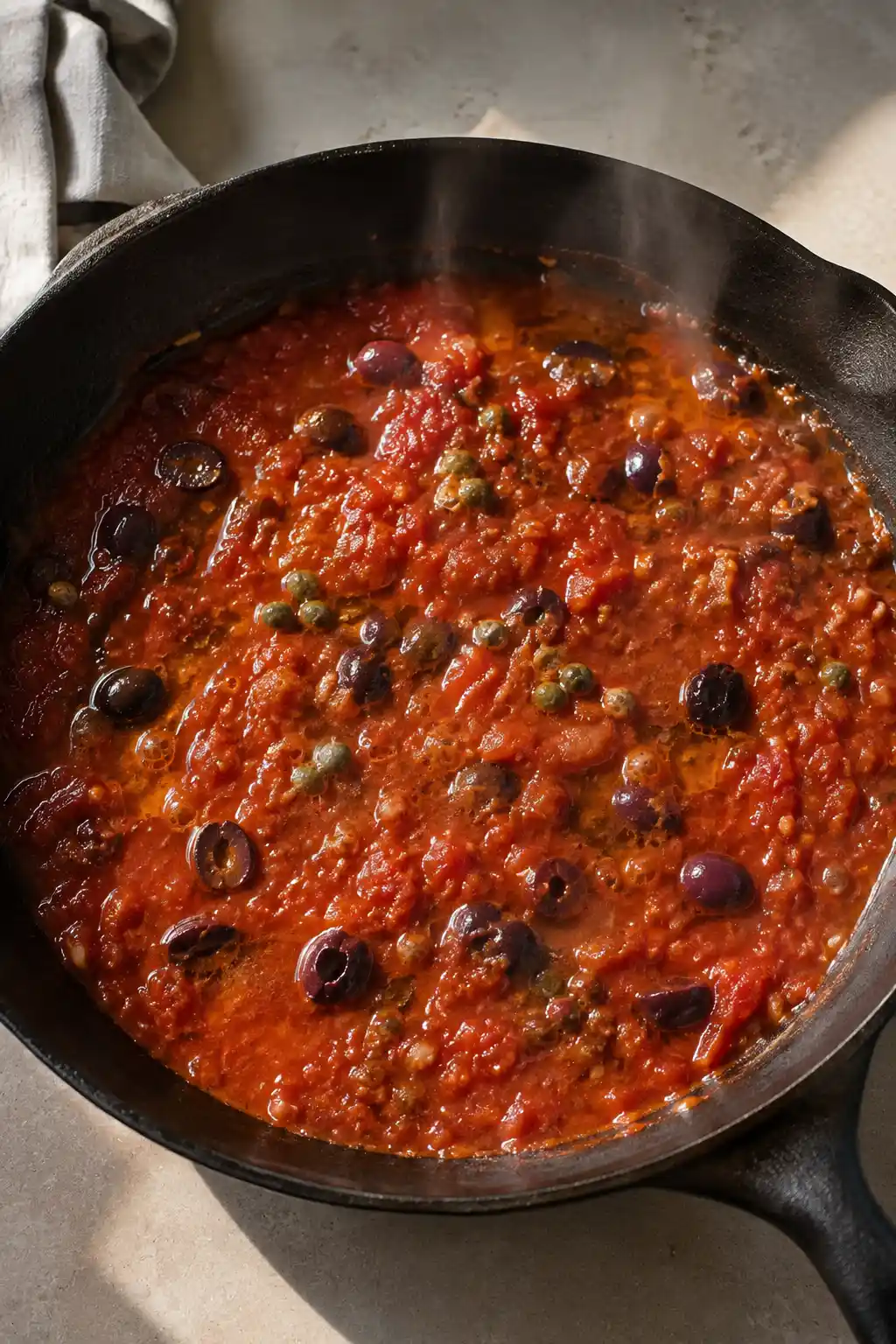 Garlic, anchovies, and red pepper flakes cooking in a skillet before tomatoes are added