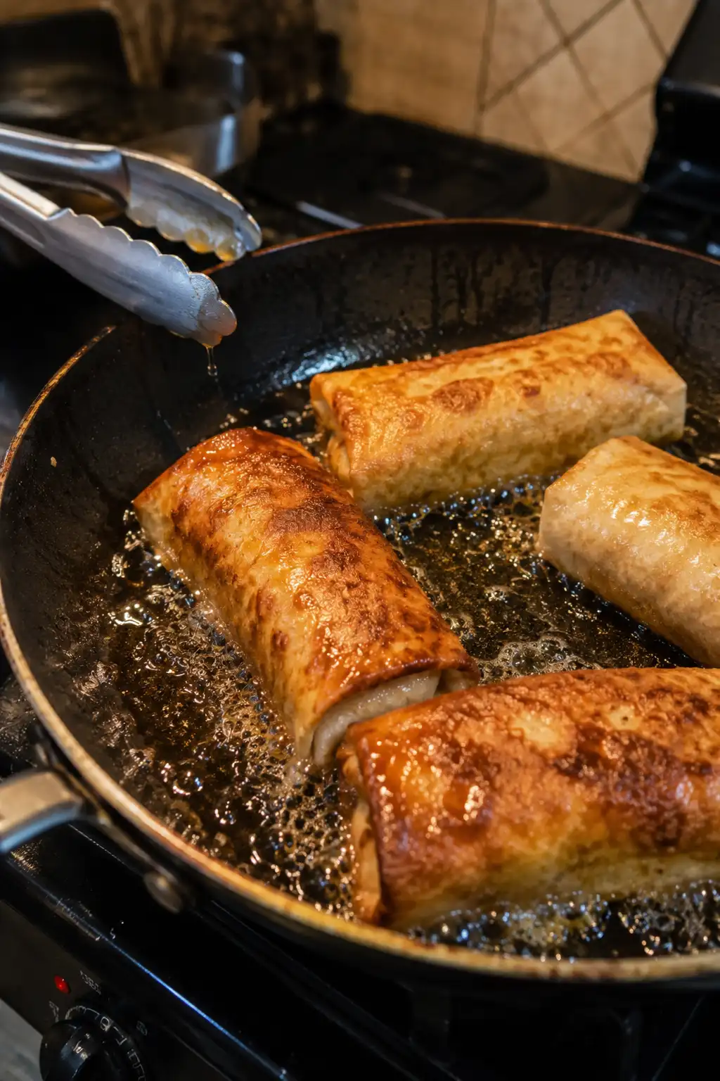 Chimichangas frying golden brown in a skillet with crispy edges