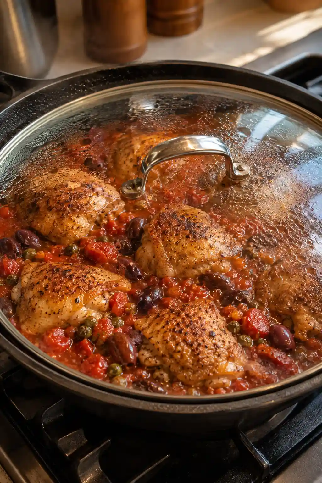 Chicken thighs simmering in puttanesca sauce with crispy skin visible above the sauce