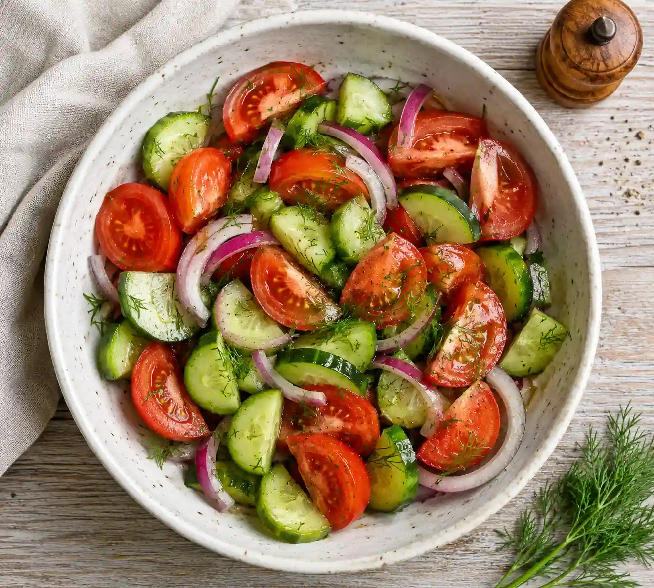 Fresh cucumber tomato salad with red onion and dill in a white bowl, dressed in olive oil dressing