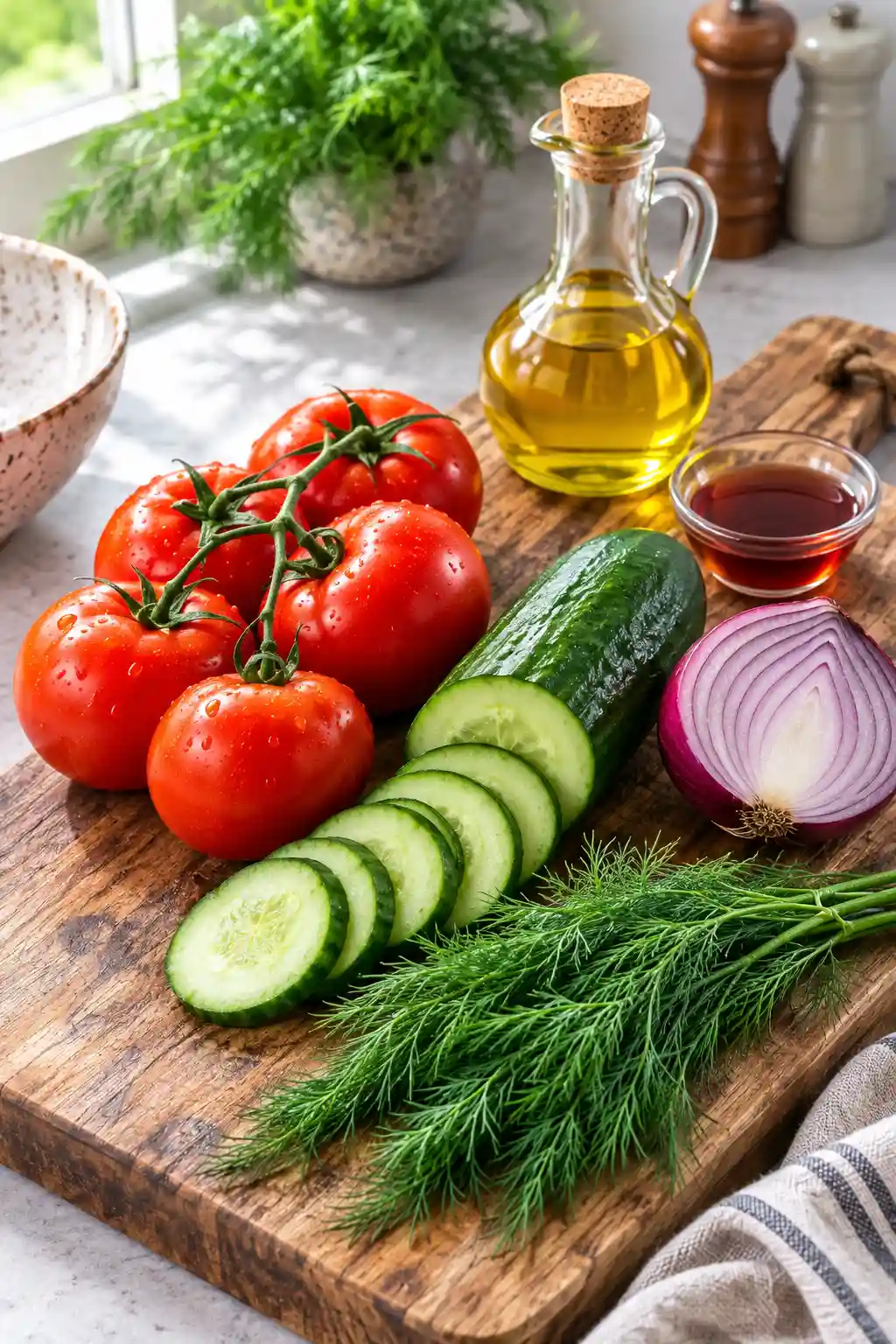 resh ingredients for cucumber tomato salad including tomatoes, cucumber, red onion, dill, and olive oil dressing