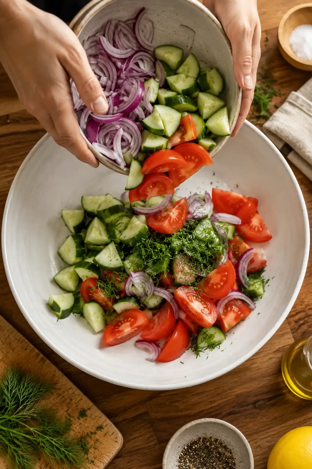 Hands adding chopped cucumber, tomato, red onion, and dill into a large white bowl for salad