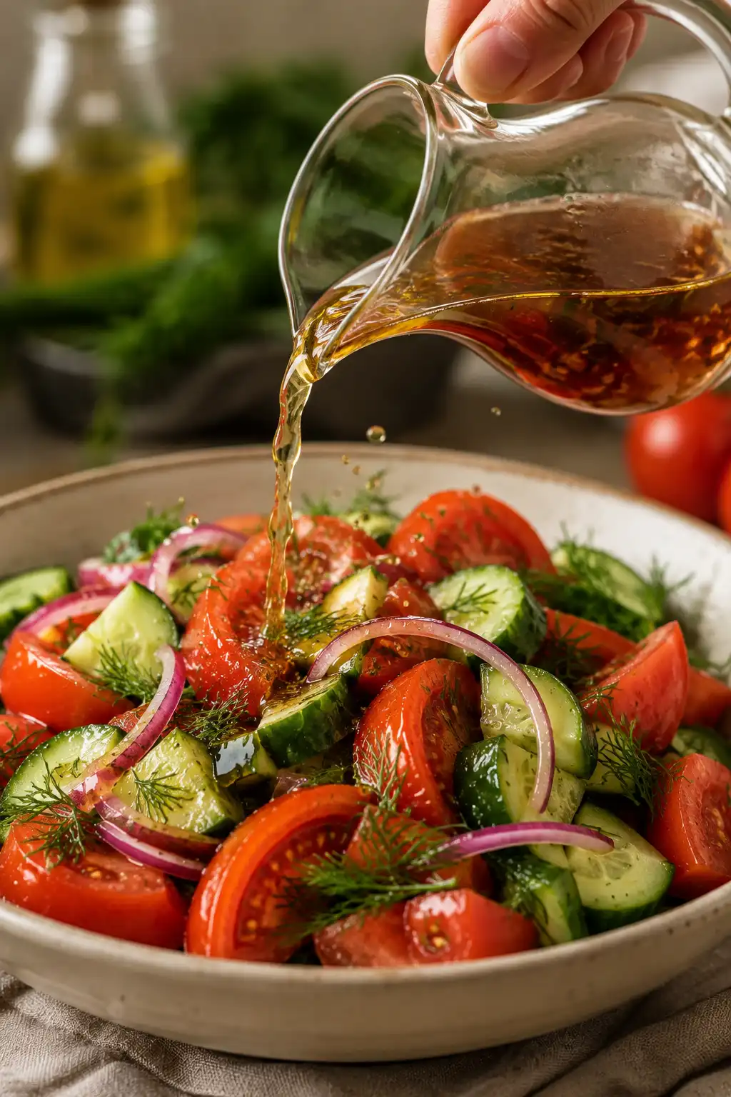 Oil and vinegar dressing being poured over fresh cucumber tomato salad in a bowl