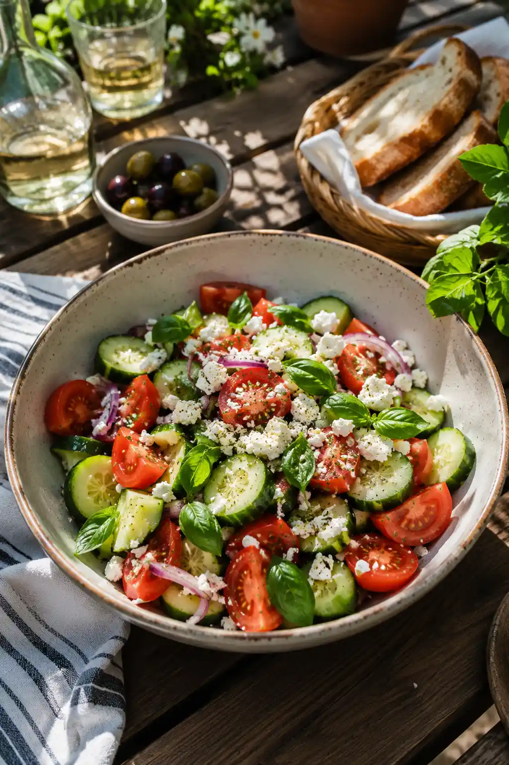 Cucumber tomato salad topped with crumbled feta cheese and fresh basil leaves served outdoors