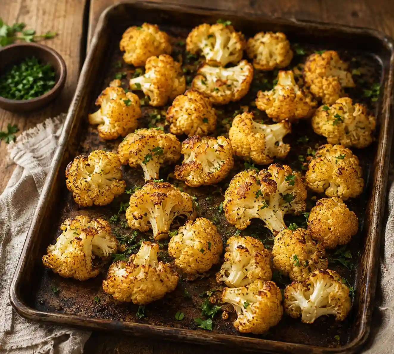Golden roasted cauliflower florets with caramelized edges on a baking sheet garnished with parsley