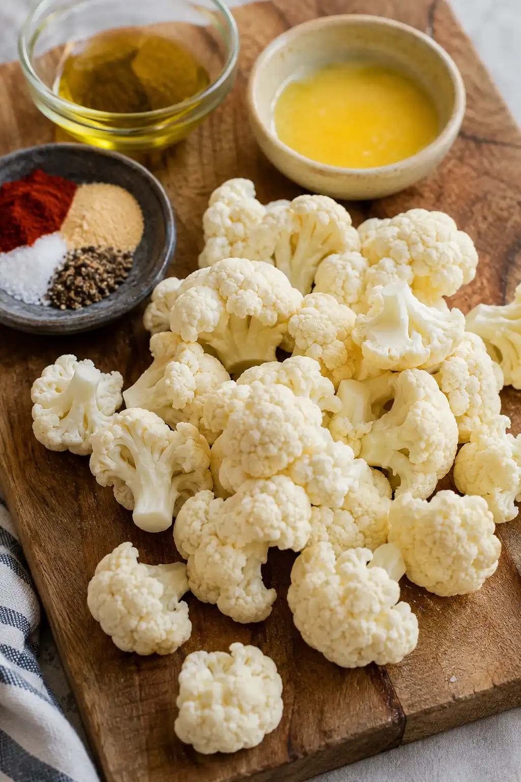 Raw cauliflower florets with olive oil, melted butter, and seasoning blend for roasted cauliflower recipe