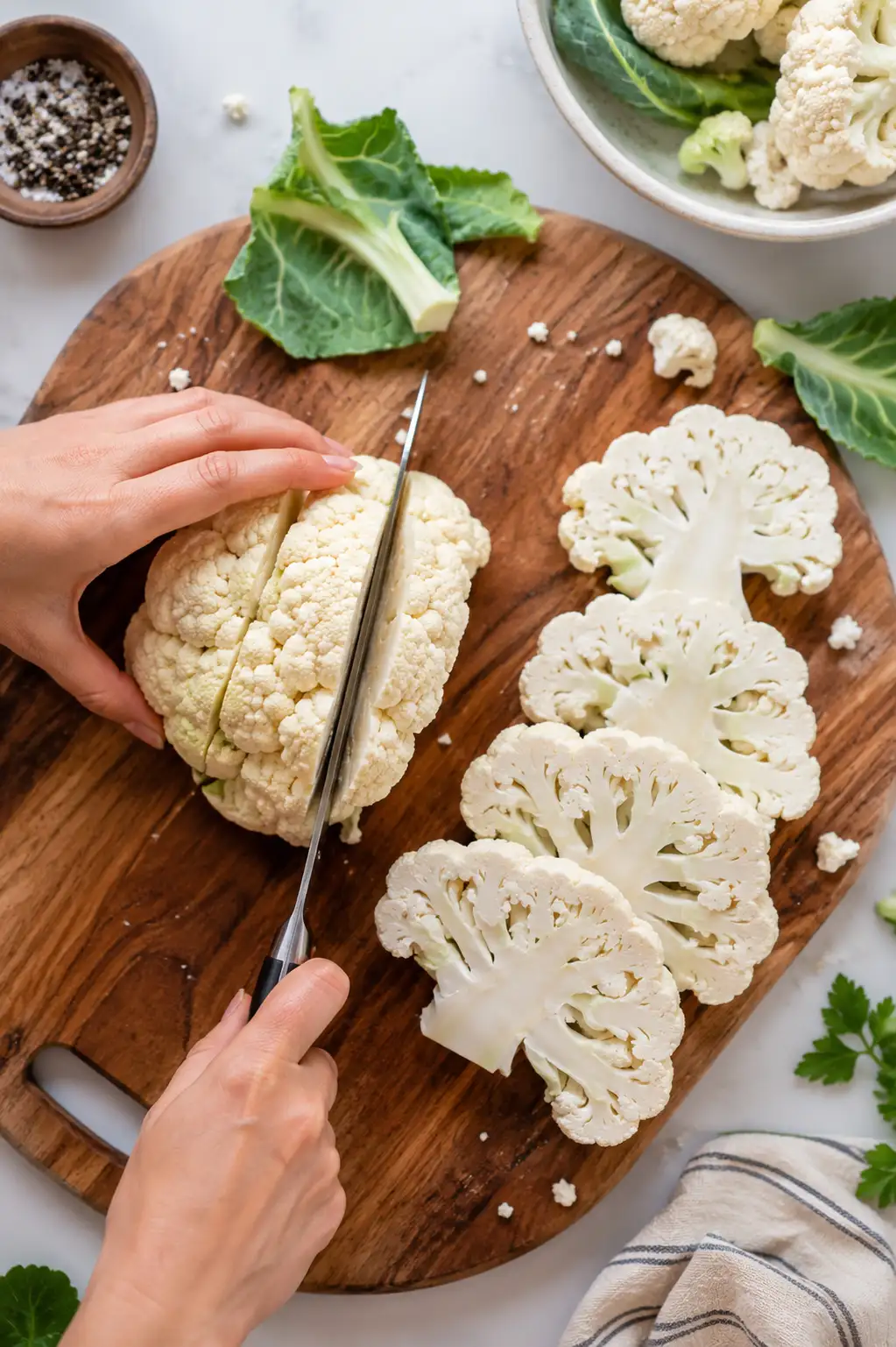 Hands slicing a whole head of cauliflower into wedges and steaks on a wooden cutting board