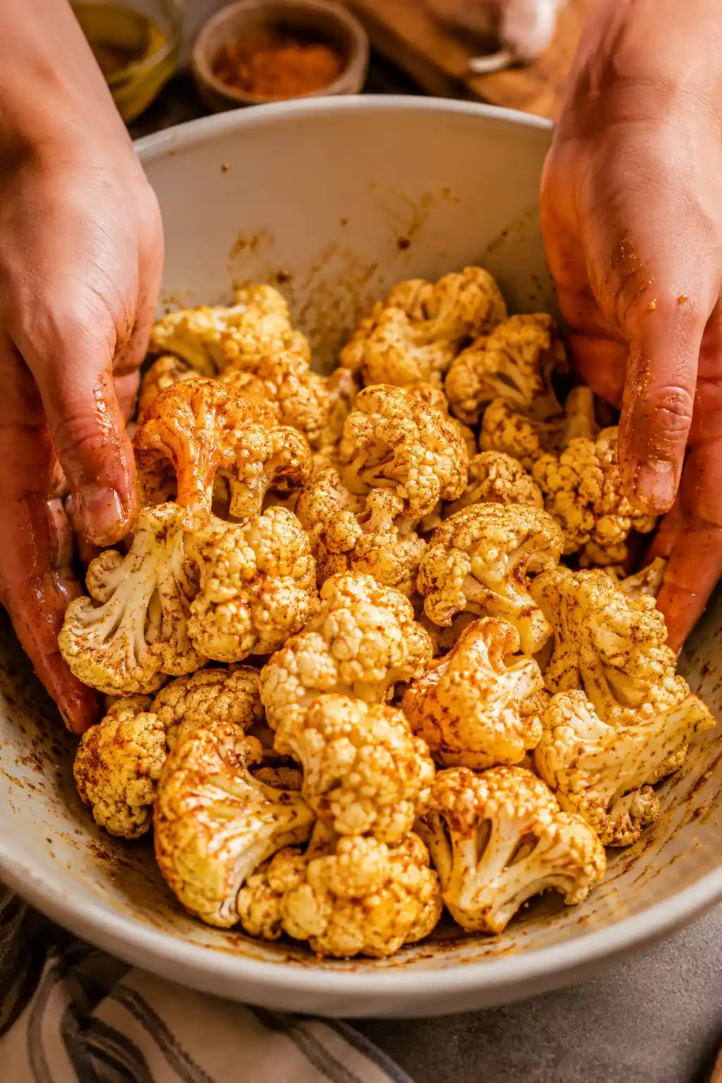 Cauliflower florets being tossed with olive oil, butter, and paprika seasoning in a mixing bowl