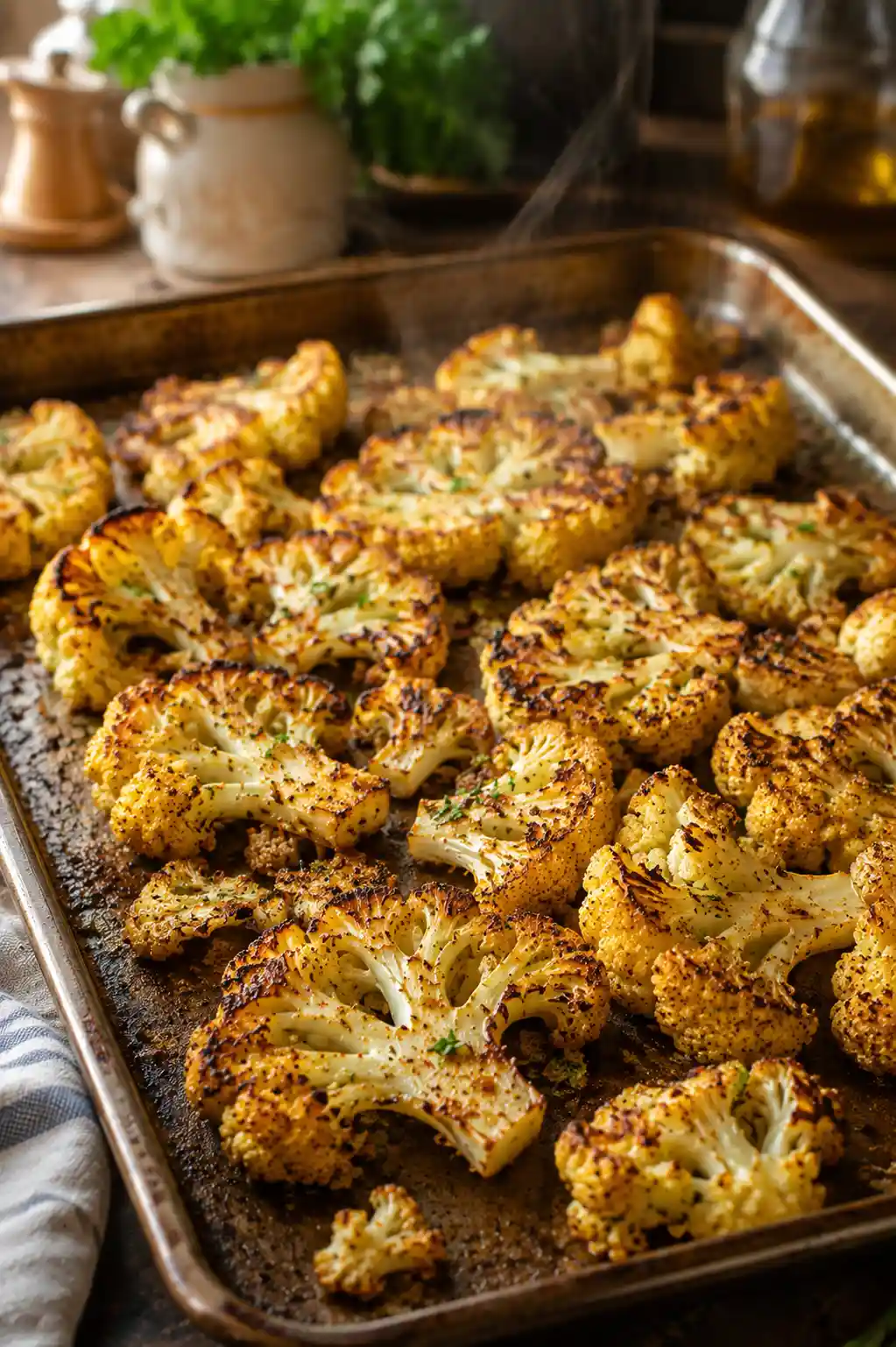 Baking sheet of roasted cauliflower with golden caramelized edges fresh out of the oven