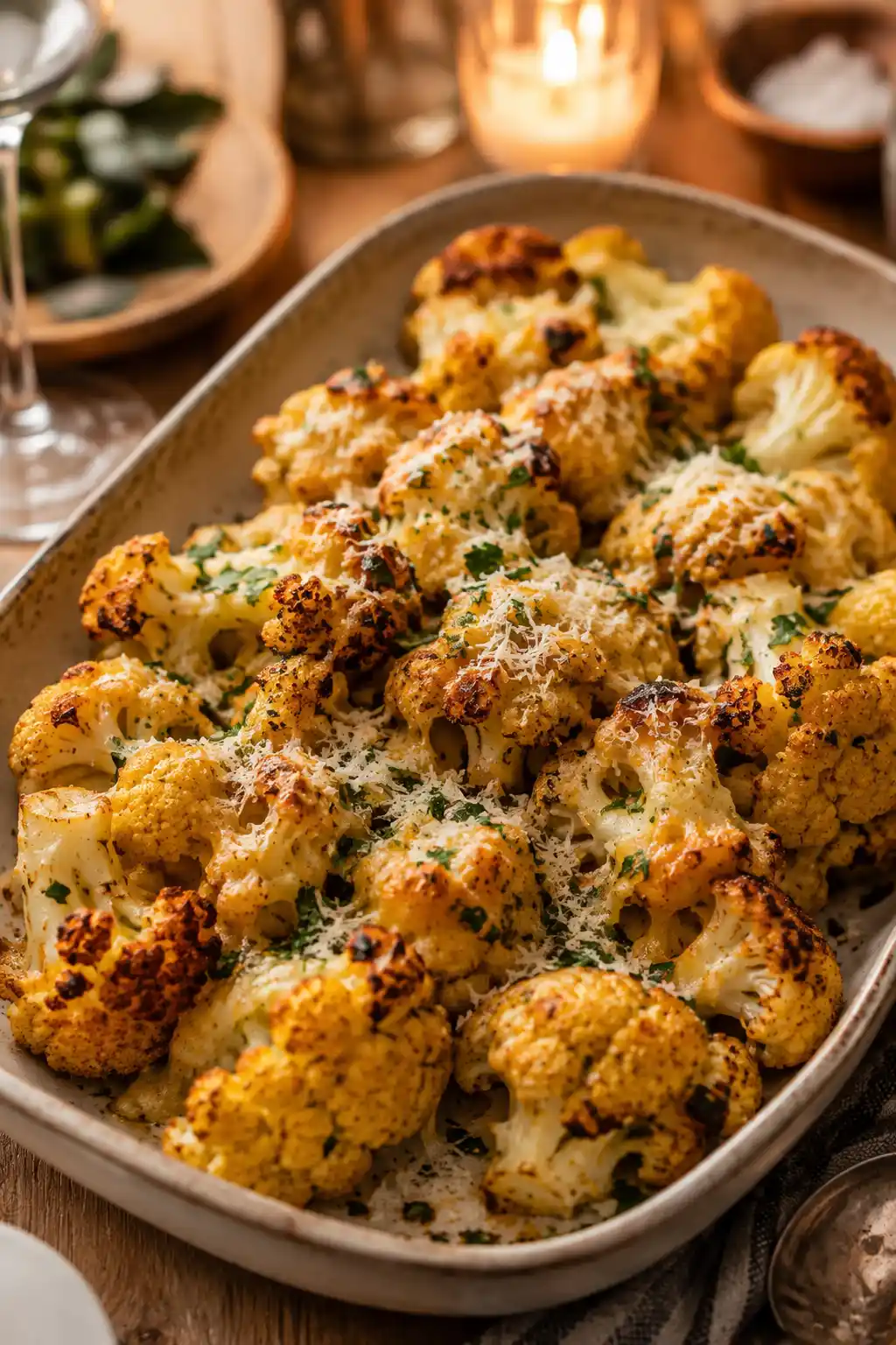 Roasted cauliflower topped with melted parmesan cheese and fresh herbs served in a rustic dish