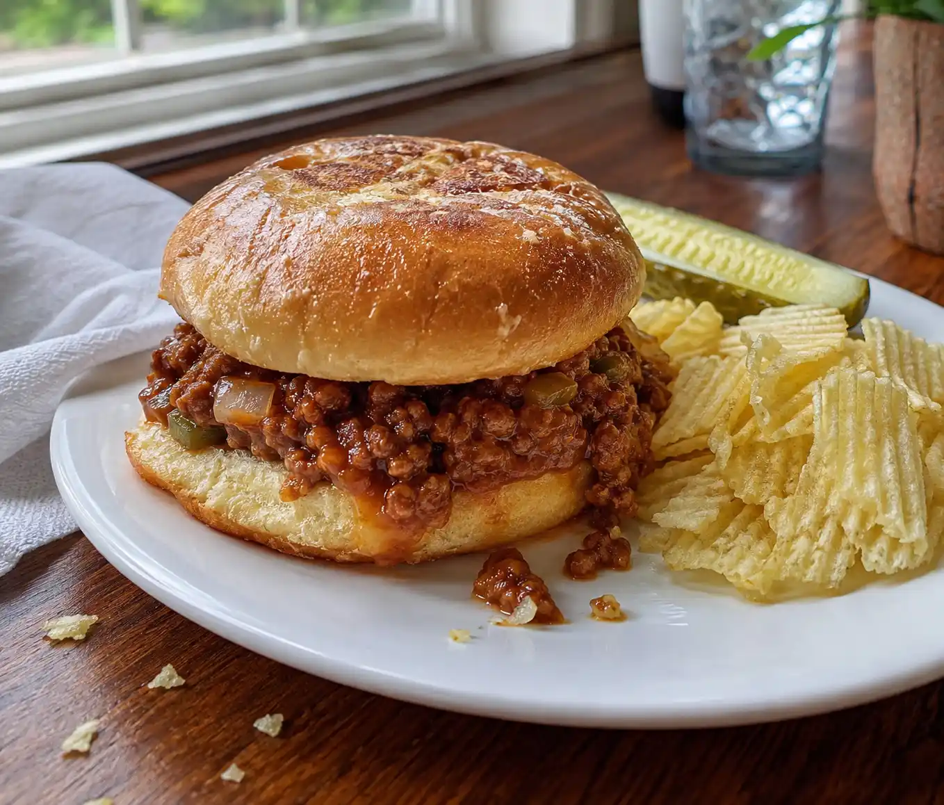 Sloppy Joes Recipe sandwich on a toasted bun served with potato chips and a pickle spear