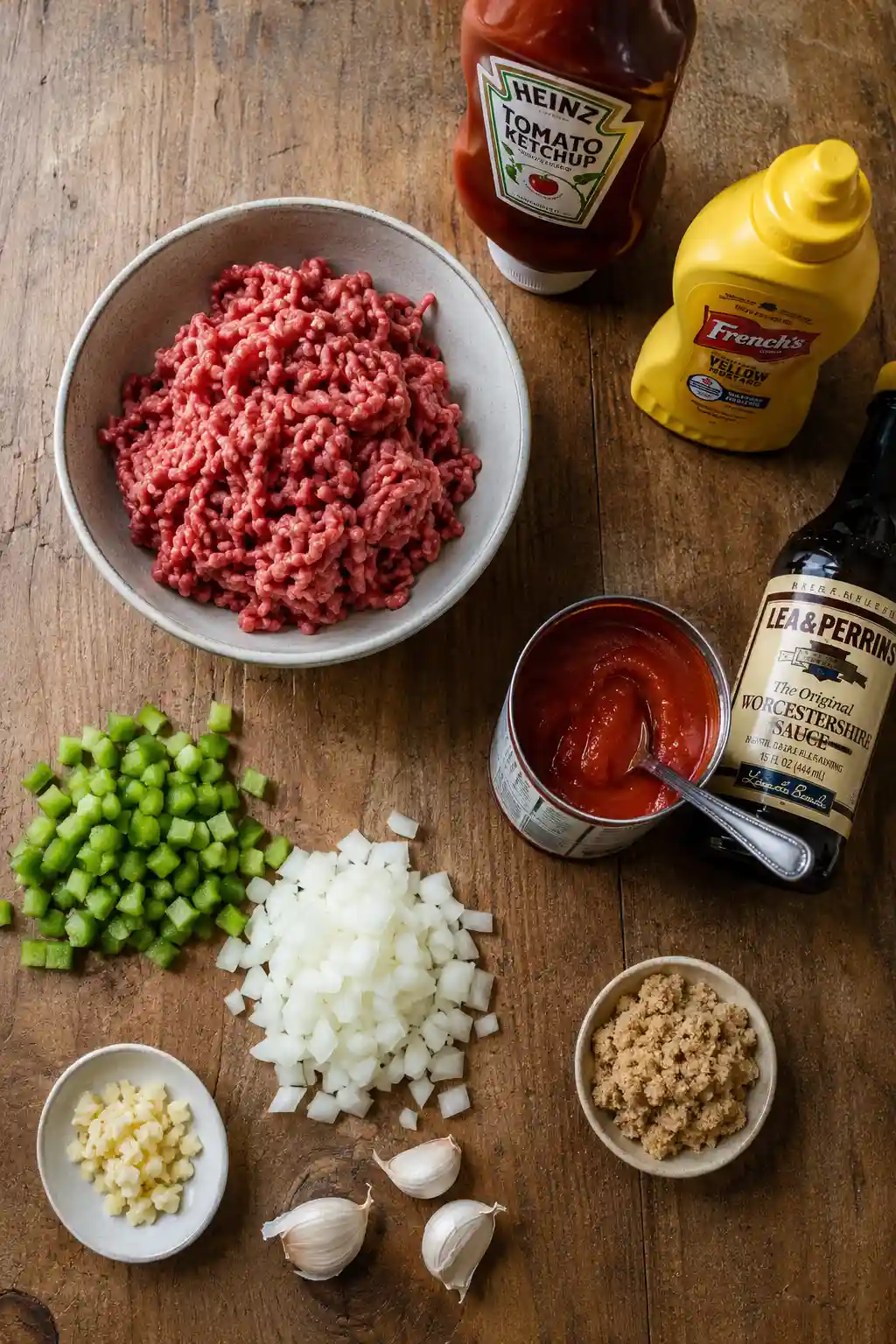 Ingredients for sloppy joes including ground beef, onion, bell pepper, tomato sauce, and seasonings