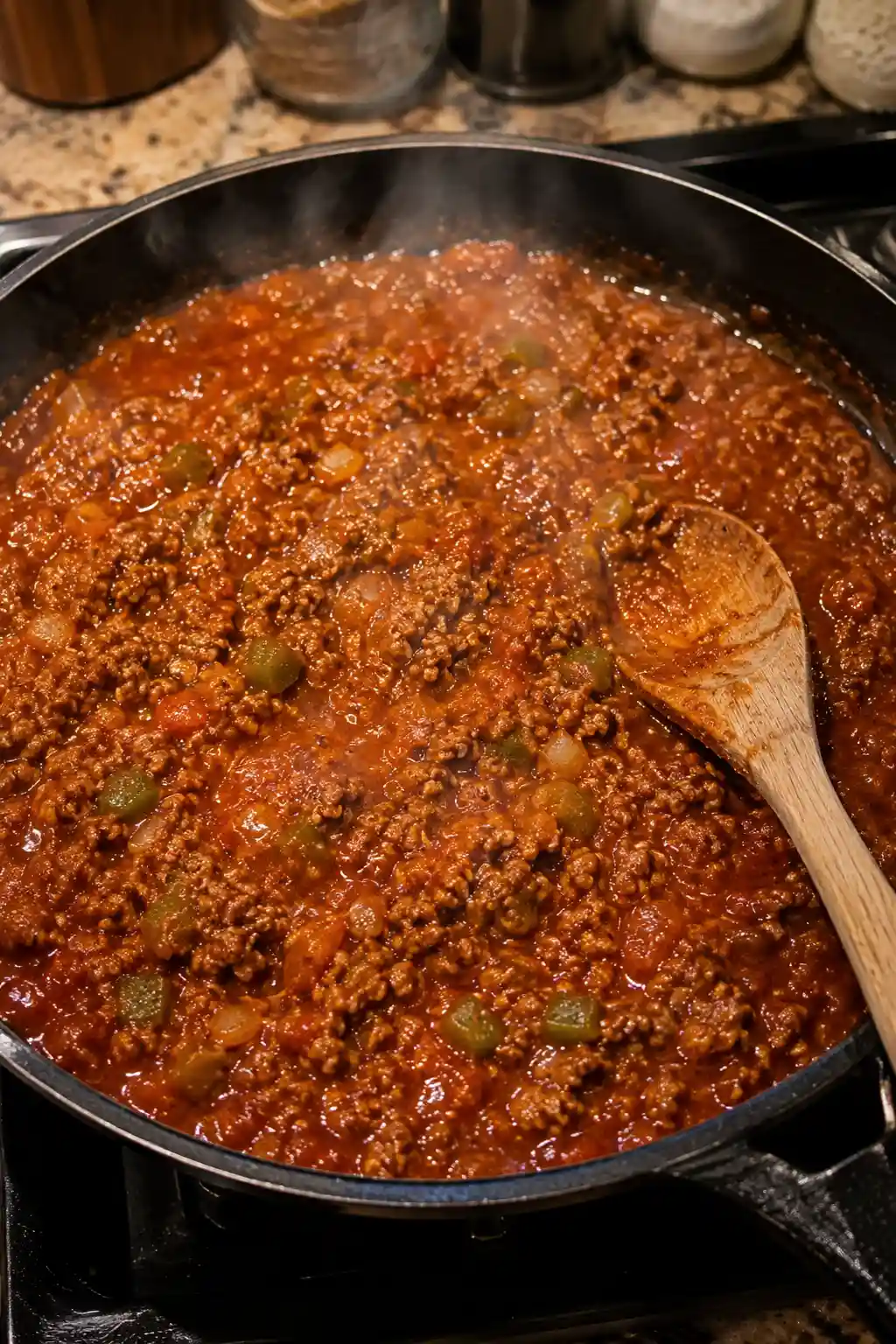 Thick saucy sloppy joe filling simmering in a skillet with steam rising